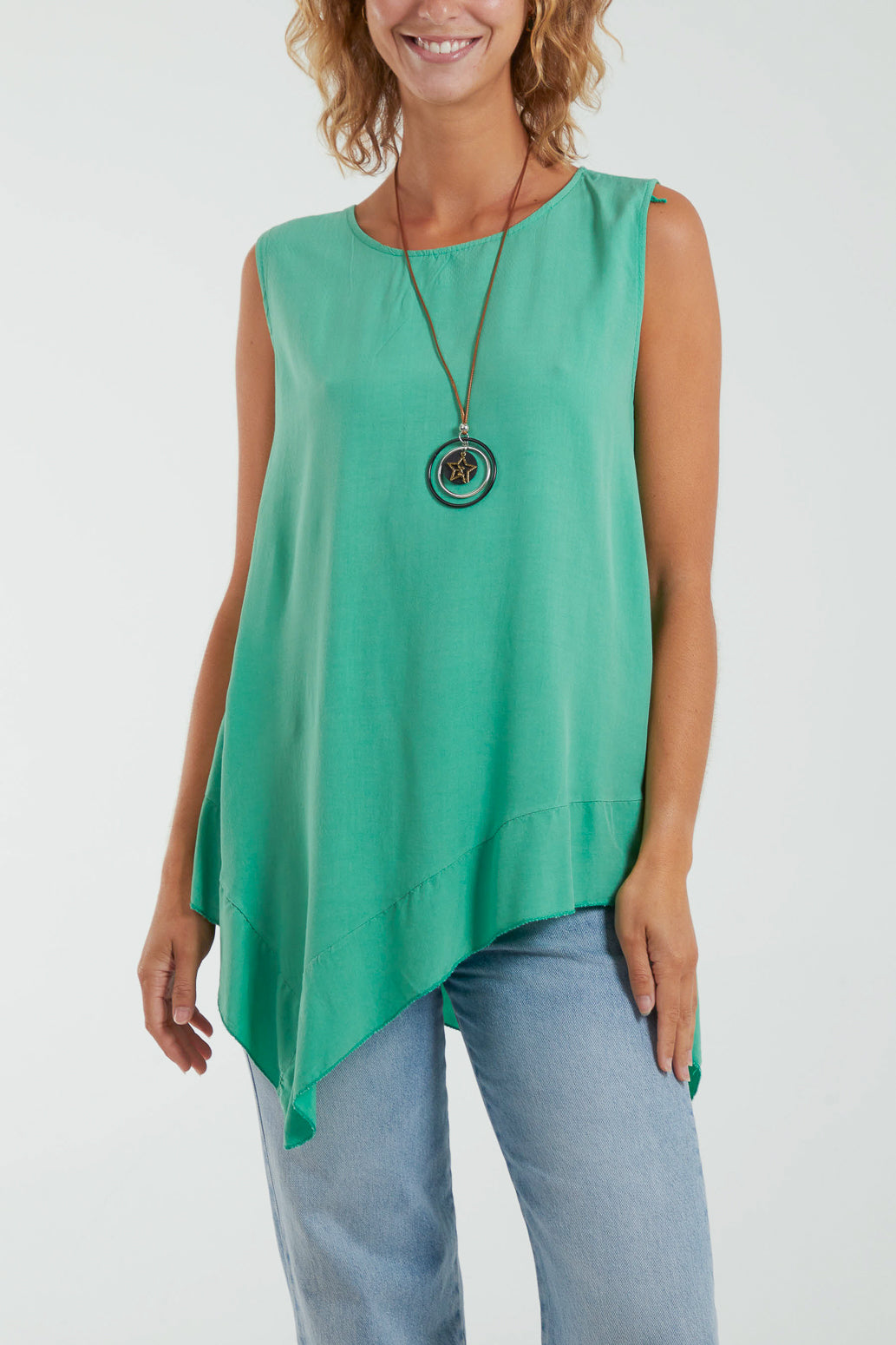 Sleeveless Asymmetric Frill Hem Necklace Top Tops WearAll Jade One Size