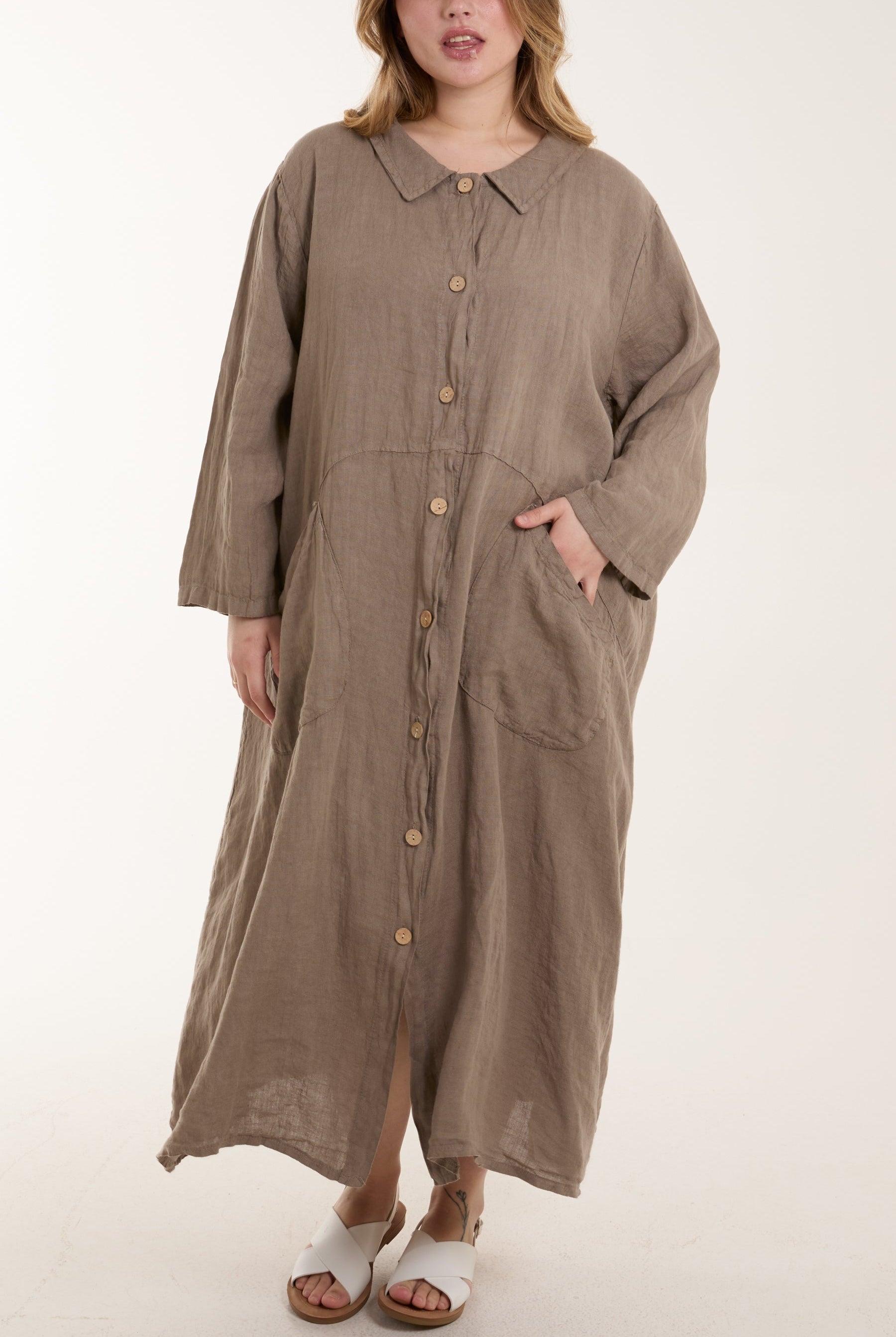 Oversized Button Through Pocket Shirt Dress Dresses WearAll Mocha One Size