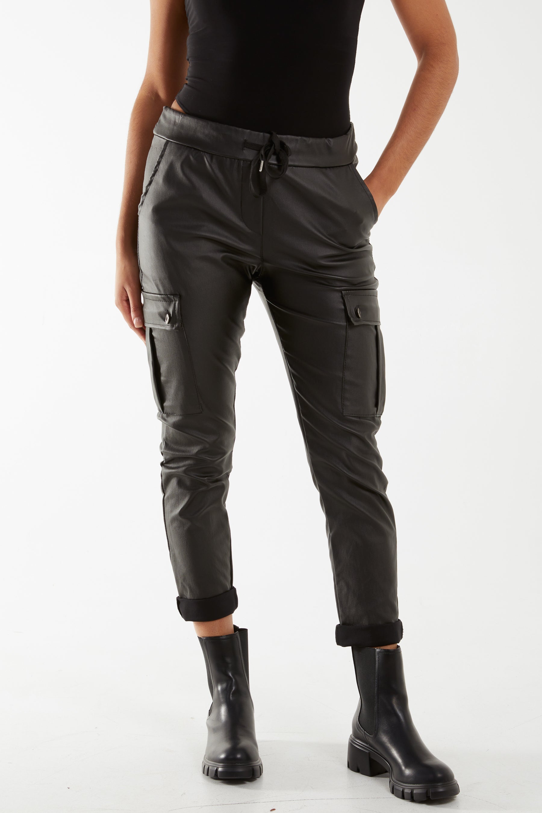 Magic Super Stretch PU Coated Cargo Trouser Trousers WearAll Black One Size