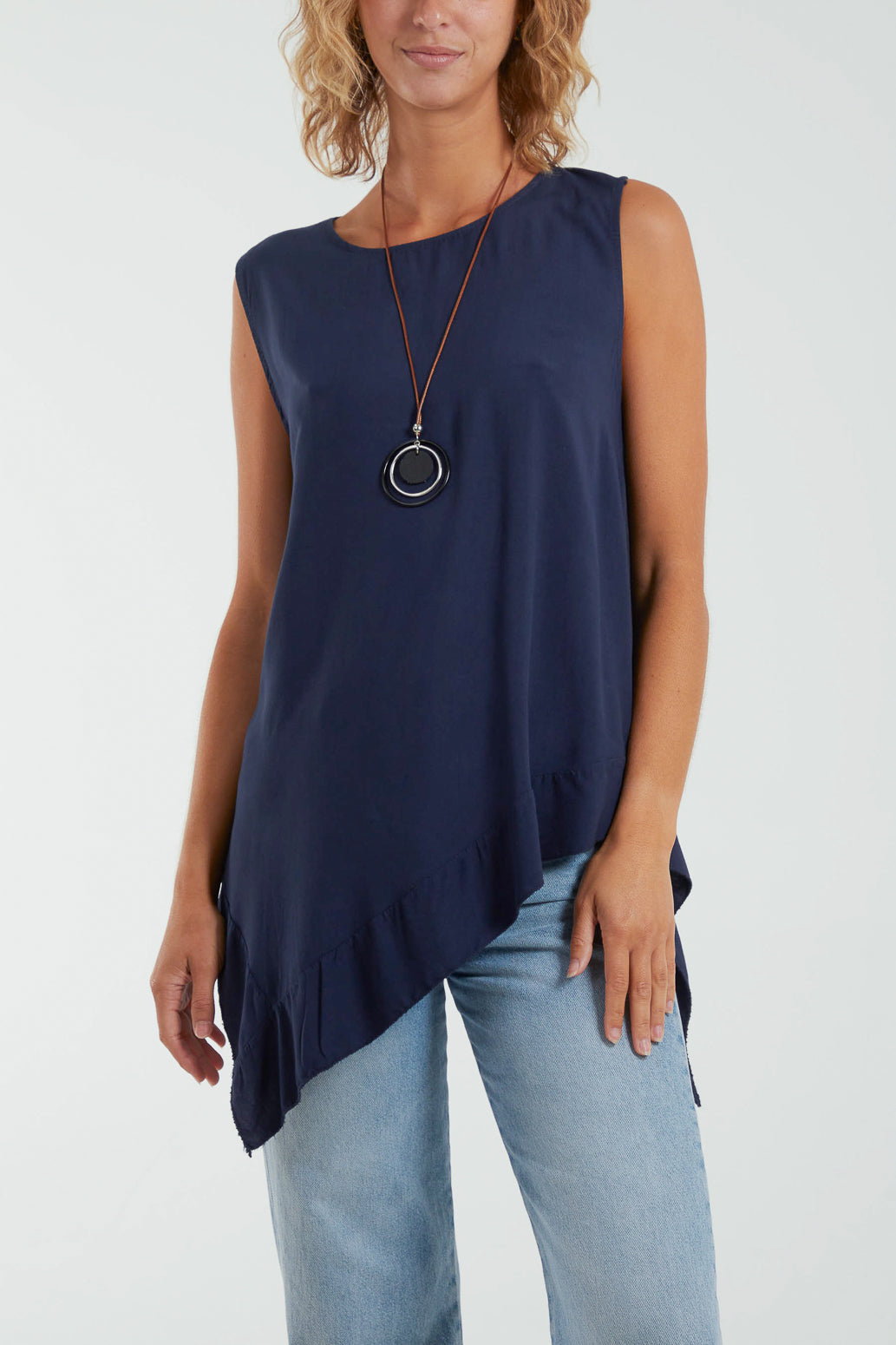 Sleeveless Asymmetric Frill Hem Necklace Top Tops WearAll Navy One Size