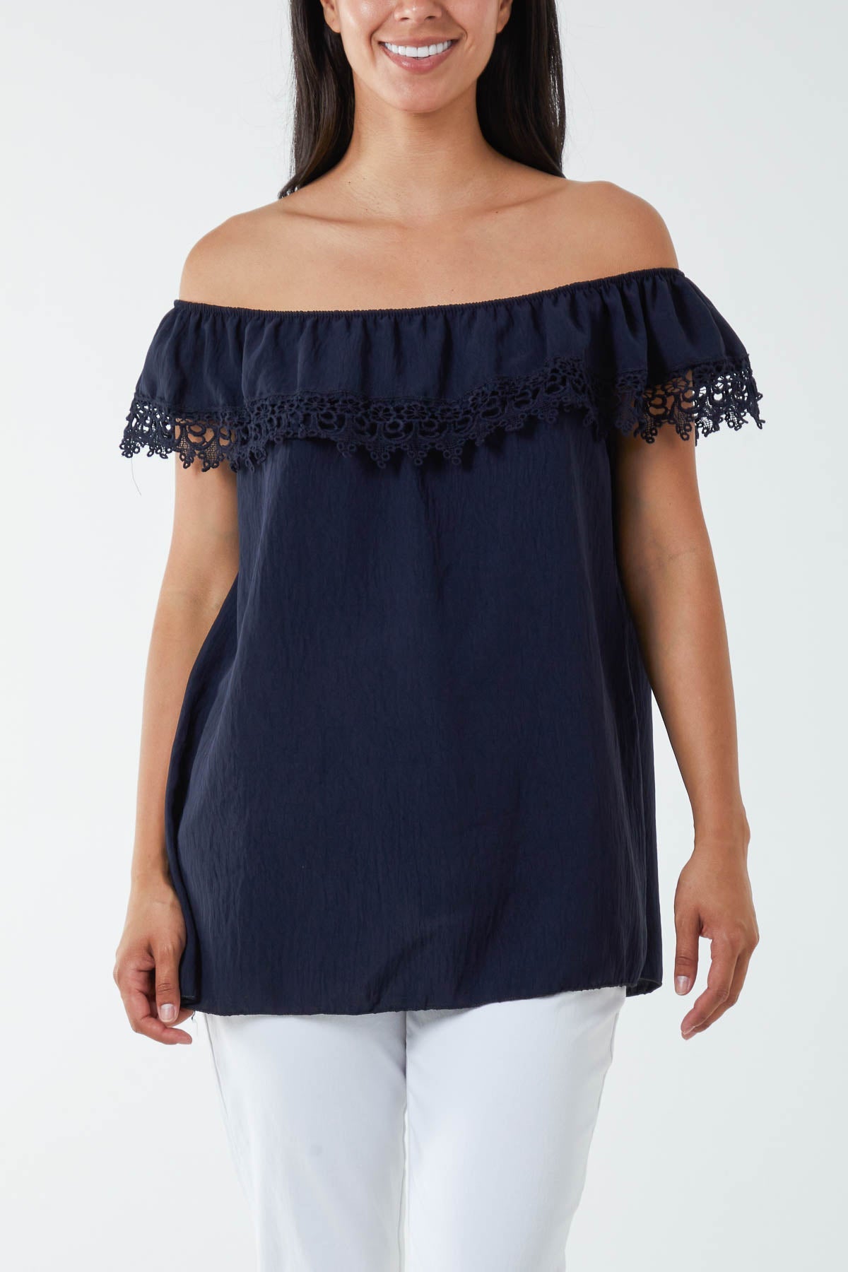 Laced Detail Frill Bardot Top Tops WearAll Navy One Size