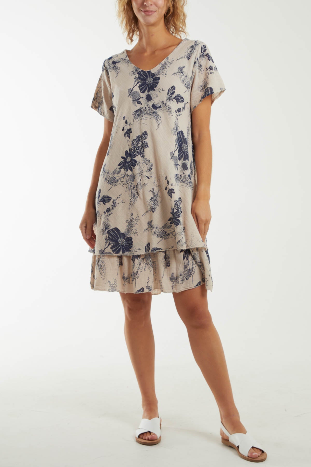 Floral Double Layer Short Sleeve Dress Dresses WearAll Stone One Size