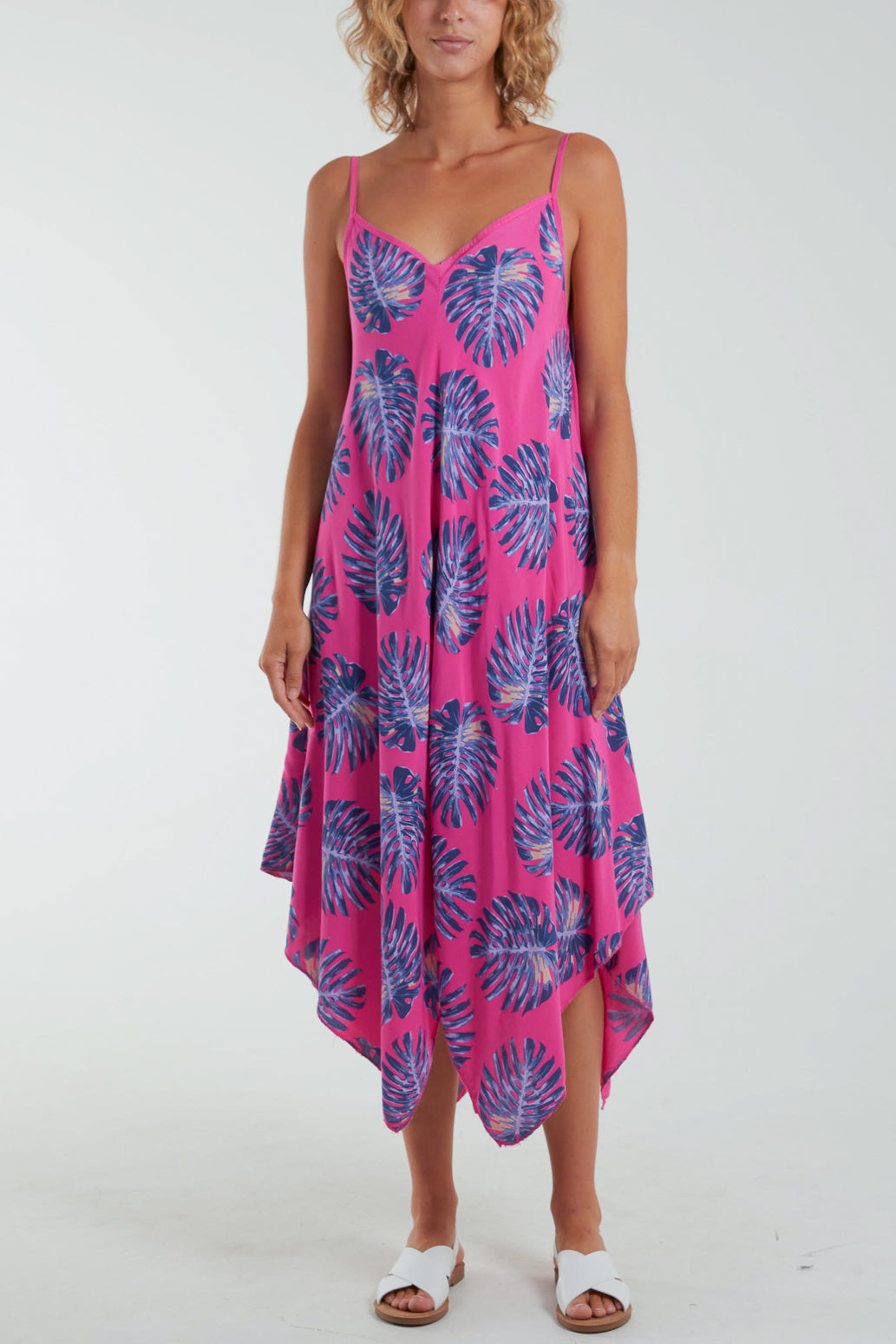 Palm Leaves Hanky Hem Cami Dress Dresses WearAll Fuchsia One Size