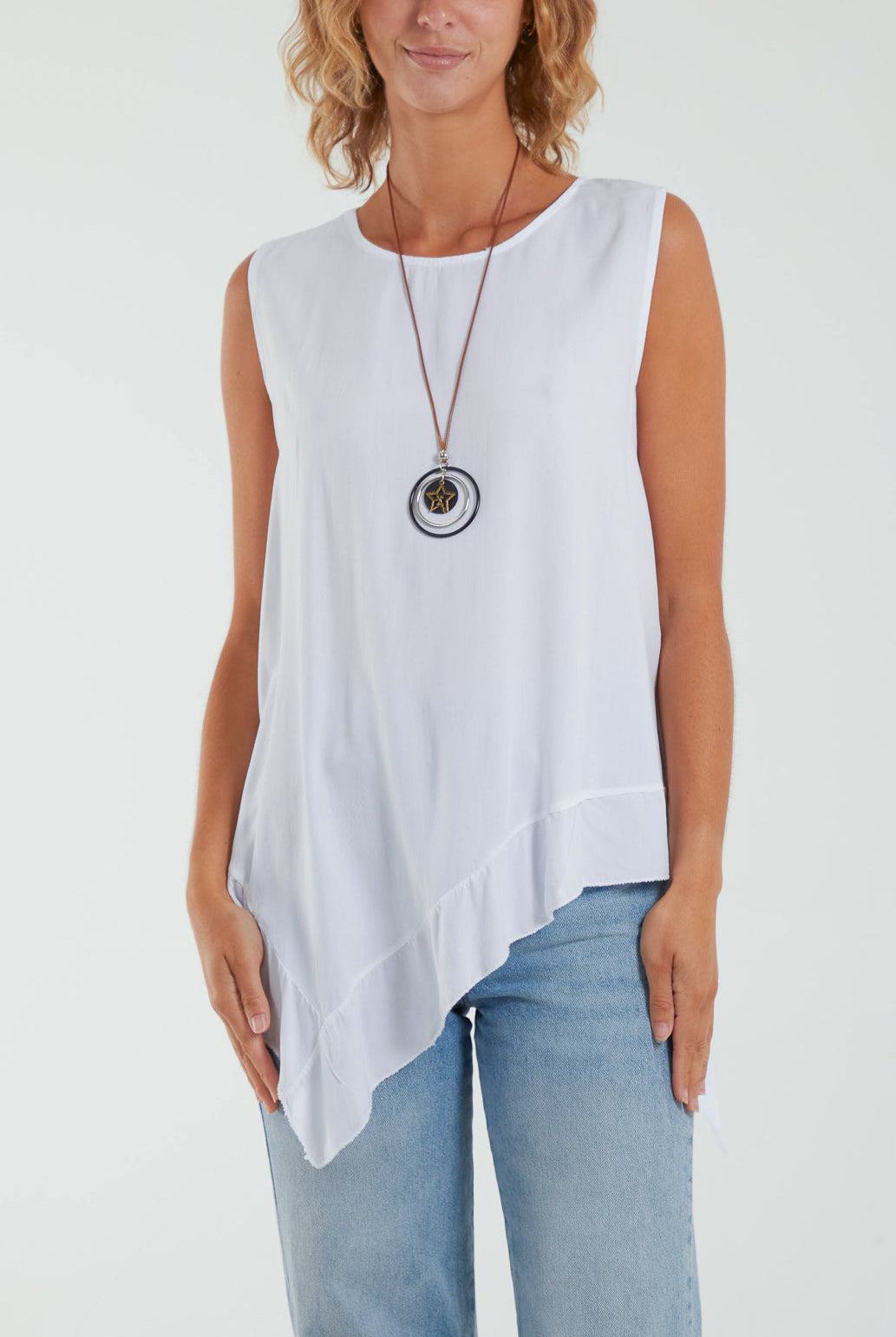 Sleeveless Asymmetric Frill Hem Necklace Top Tops WearAll White One Size