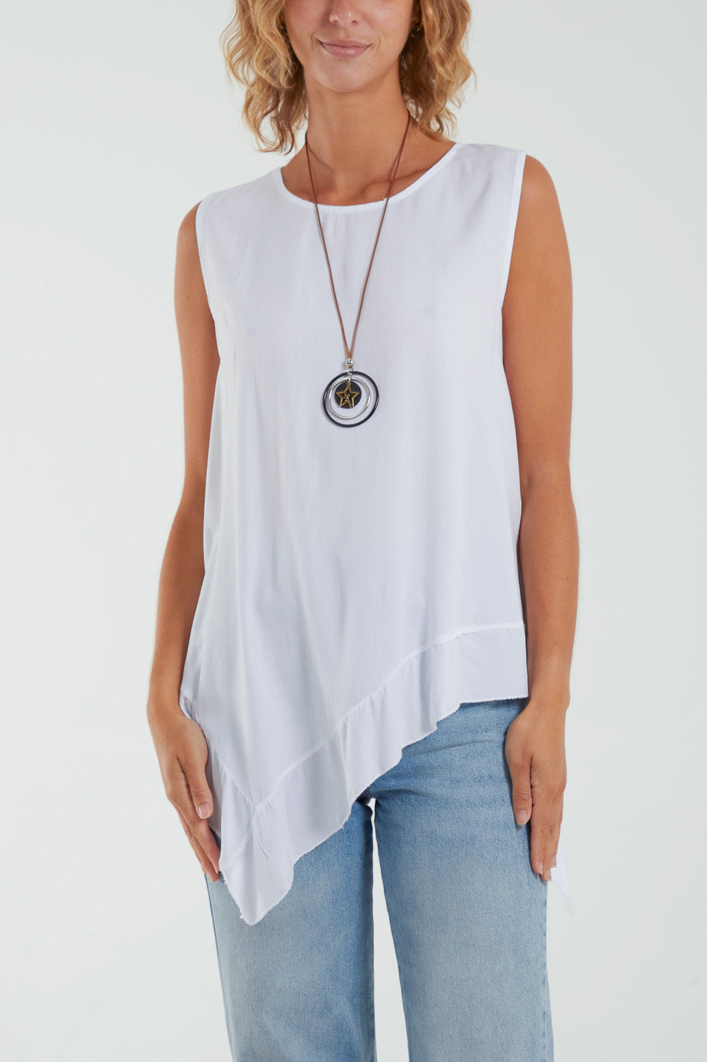 Sleeveless Asymmetric Frill Hem Necklace Top Tops WearAll White One Size