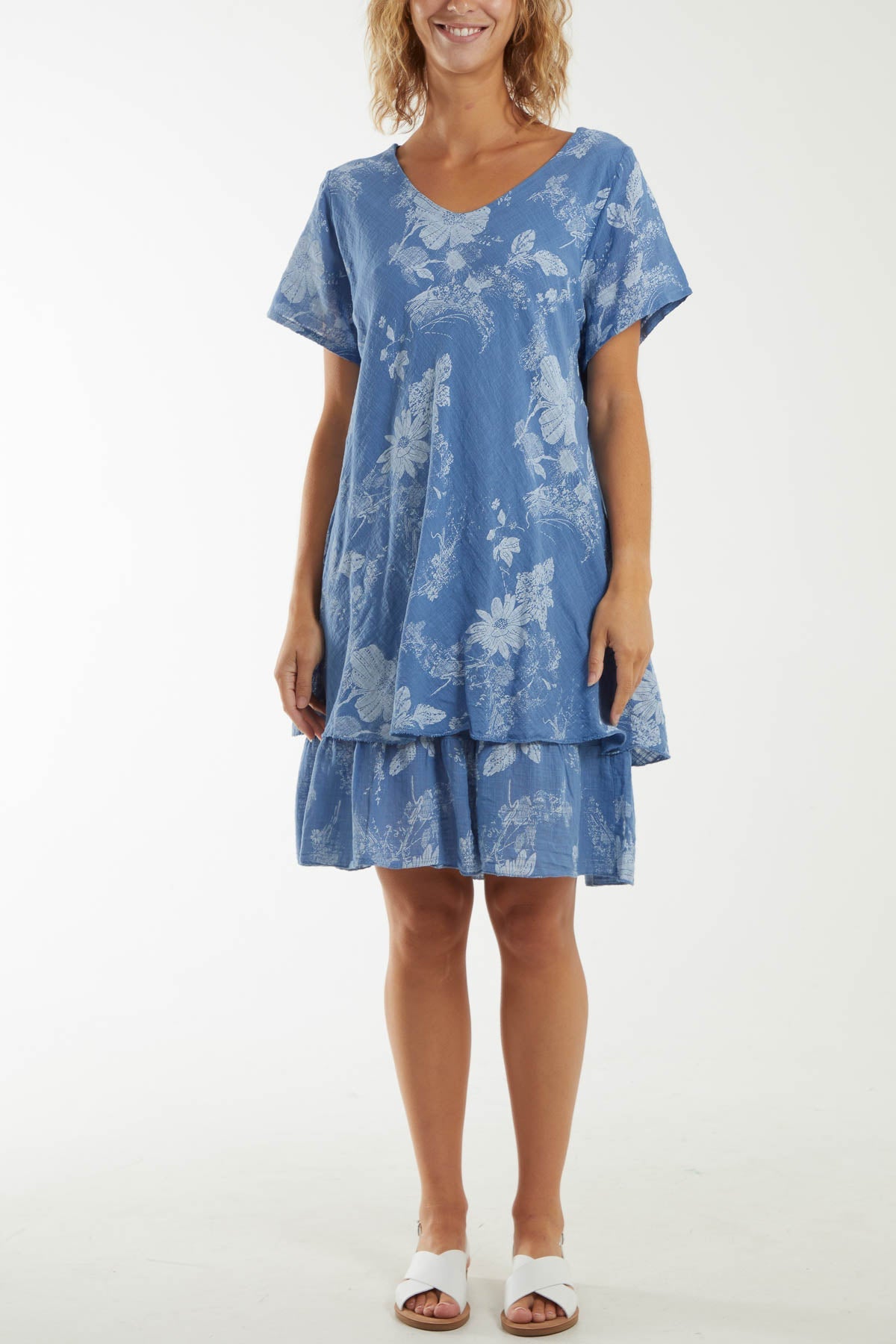 Floral Double Layer Short Sleeve Dress Dresses WearAll Denim One Size