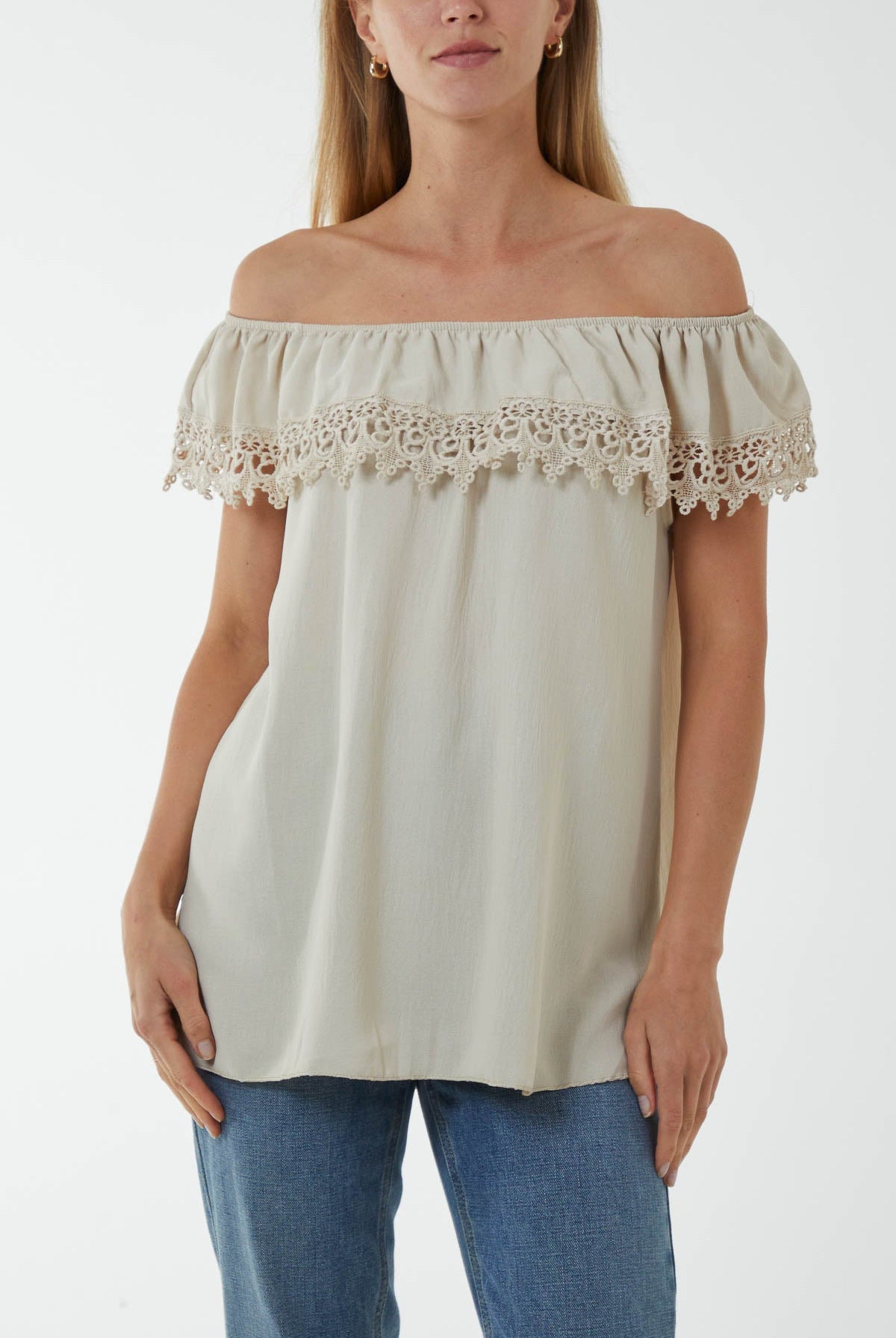 Laced Detail Frill Bardot Top Tops WearAll Stone One Size