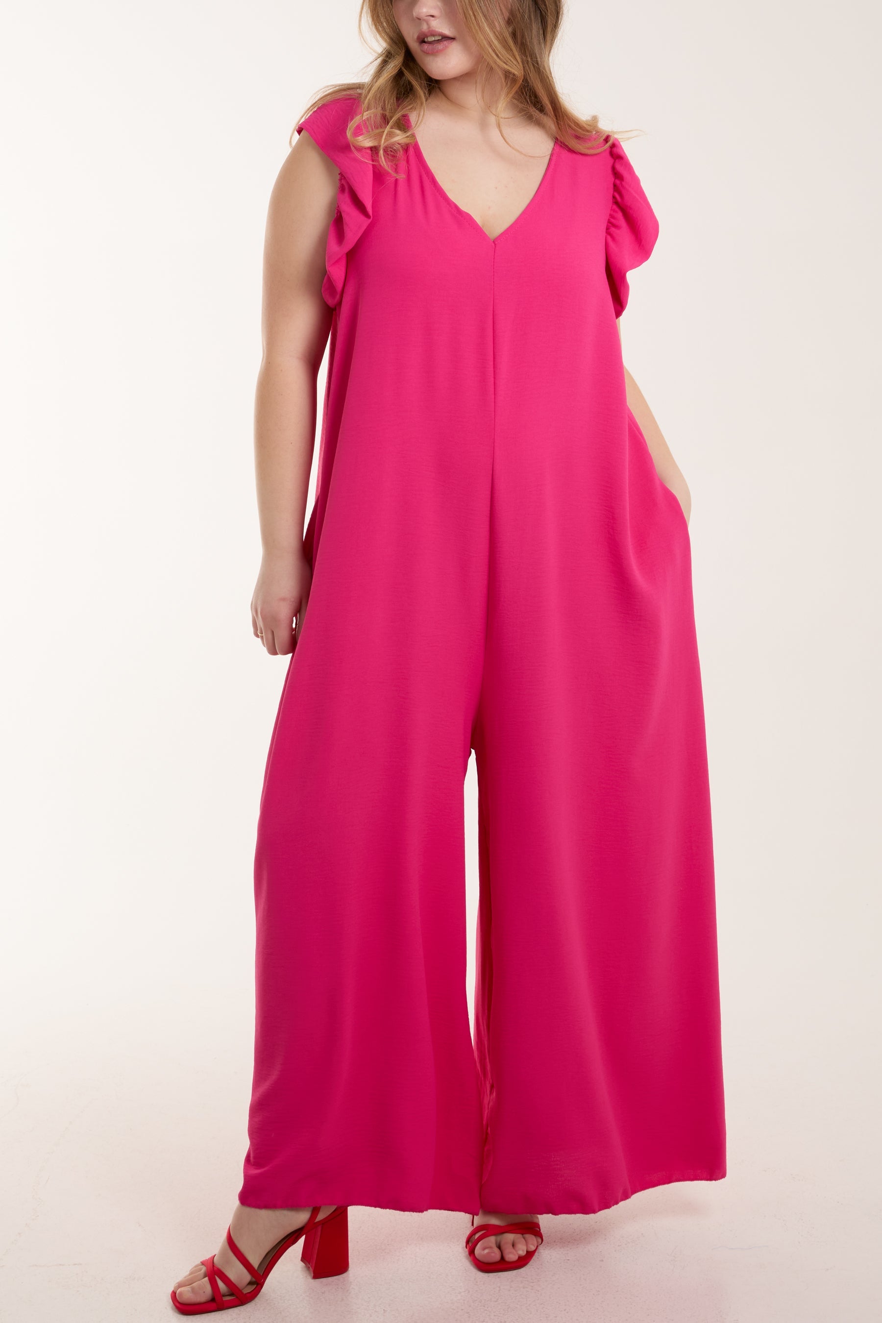 Ruffle Sleeve Wide Leg Jumpsuit Jumpsuits WearAll Hot Pink One Size