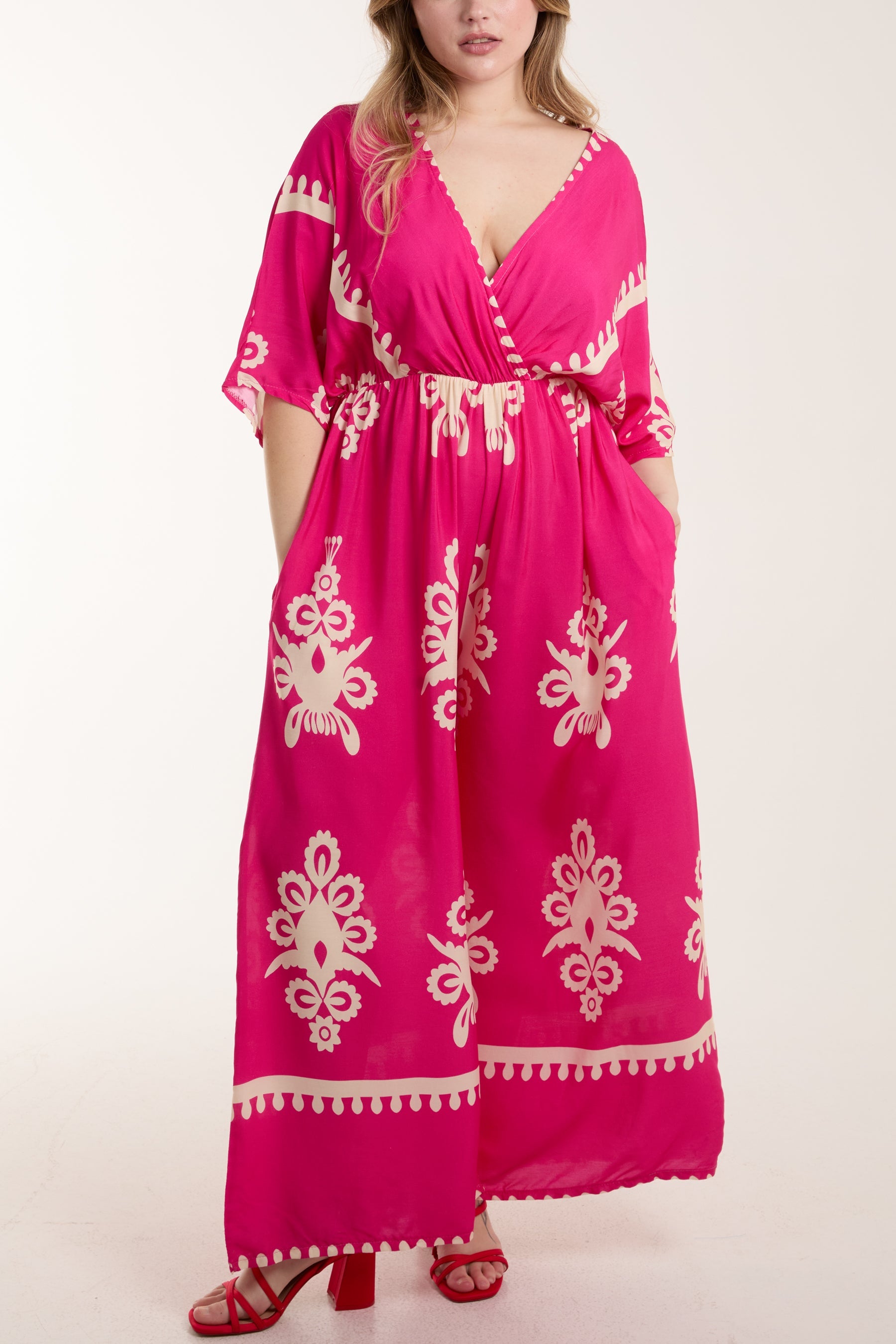 Printed V-Neck Wide Leg Jumpsuit Jumpsuits WearAll Hot Pink One Size