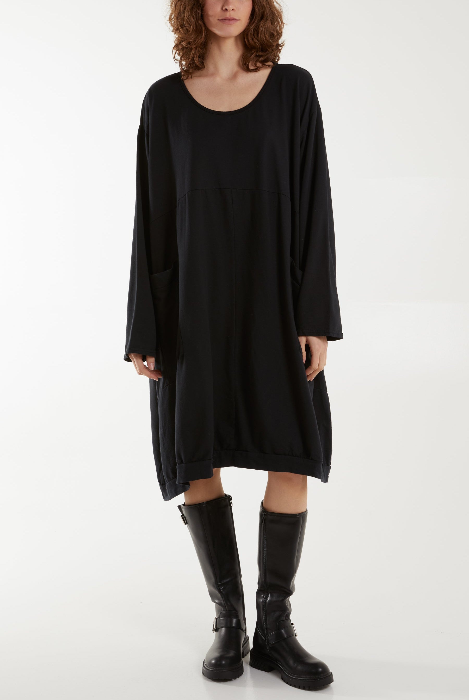 Round Neck Pocket Tunic Midi Dress Dresses WearAll Black One Size