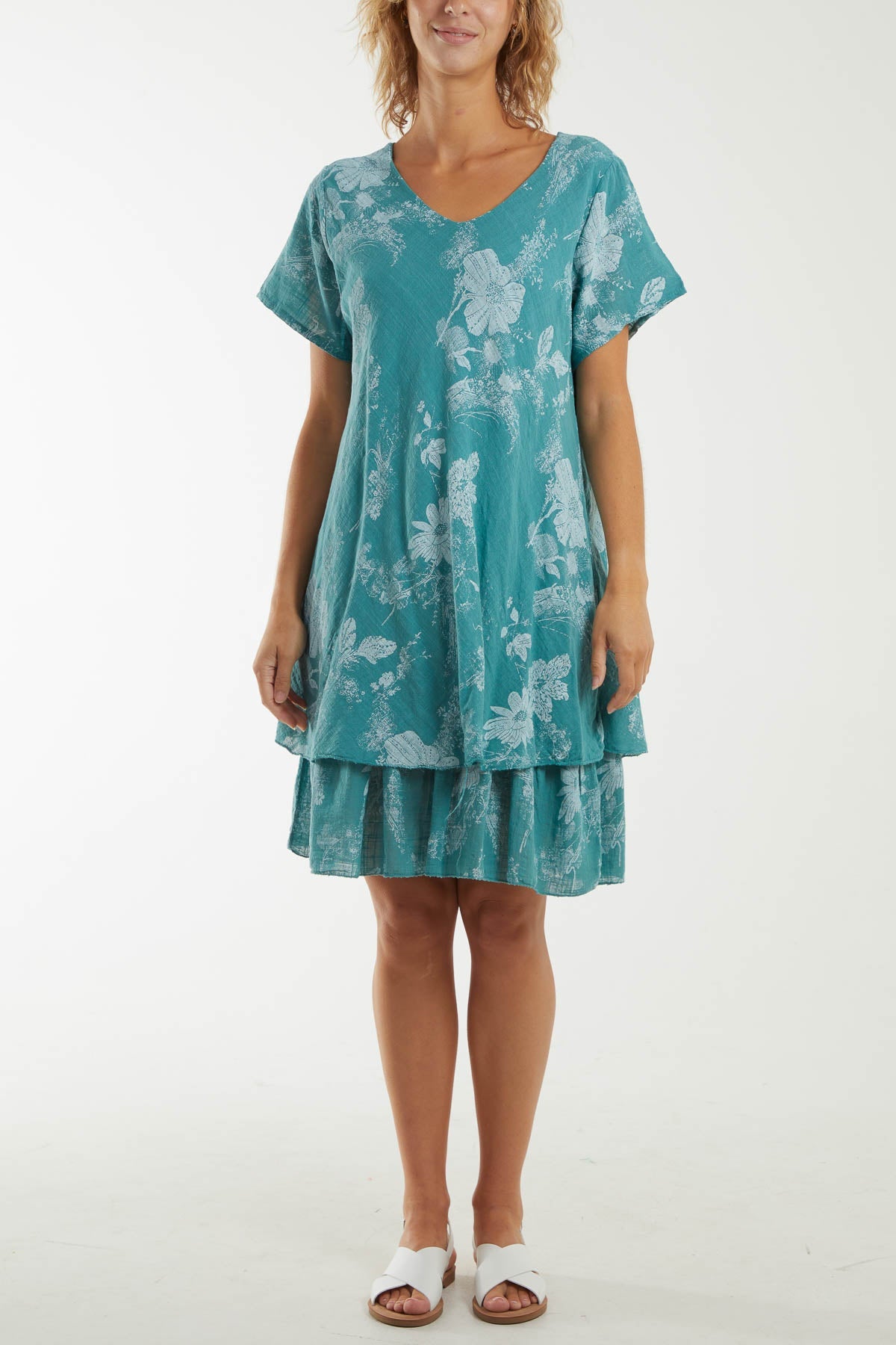 Floral Double Layer Short Sleeve Dress Dresses WearAll Sage One Size