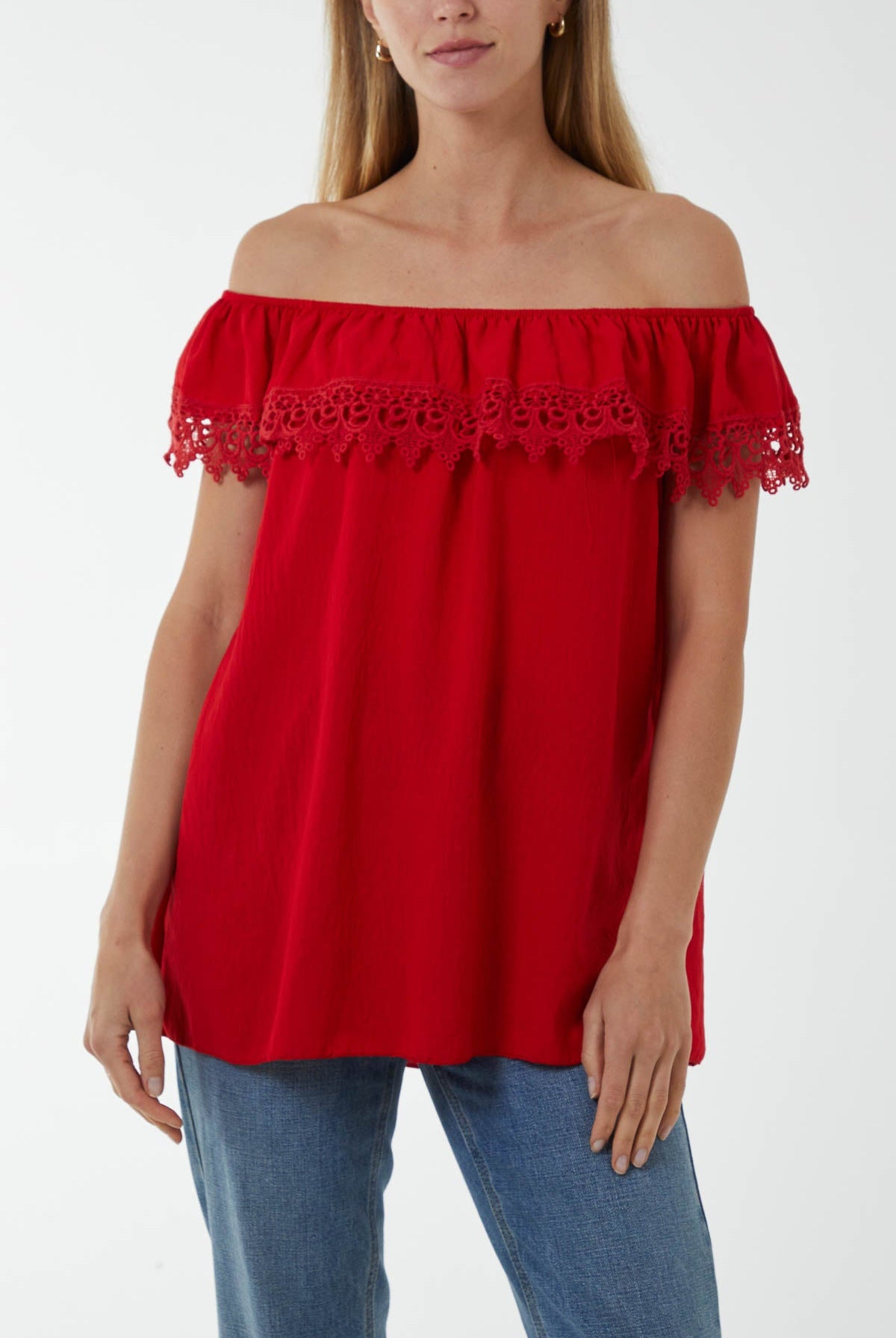 Laced Detail Frill Bardot Top Tops WearAll Red One Size