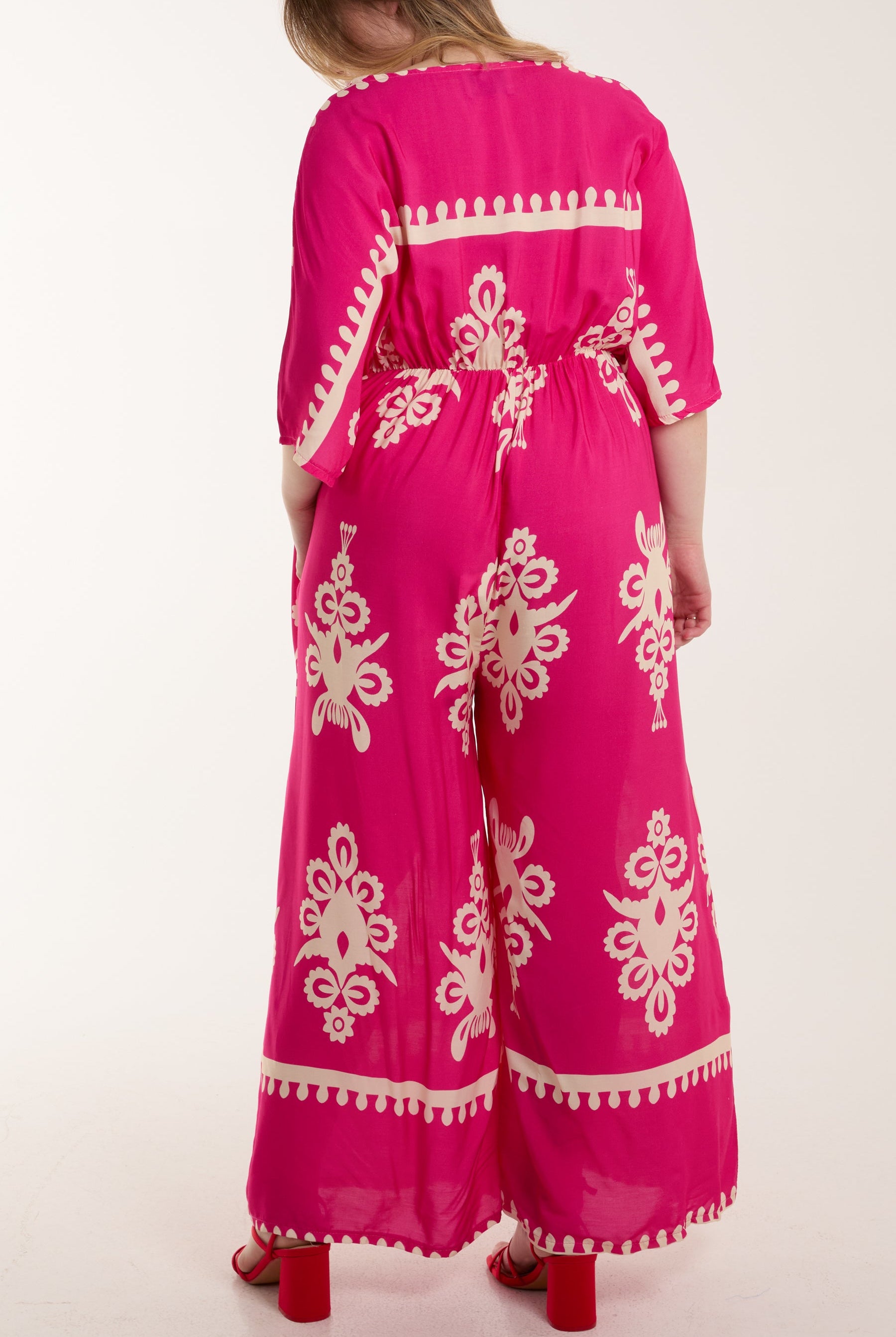 Printed V-Neck Wide Leg Jumpsuit Jumpsuits WearAll