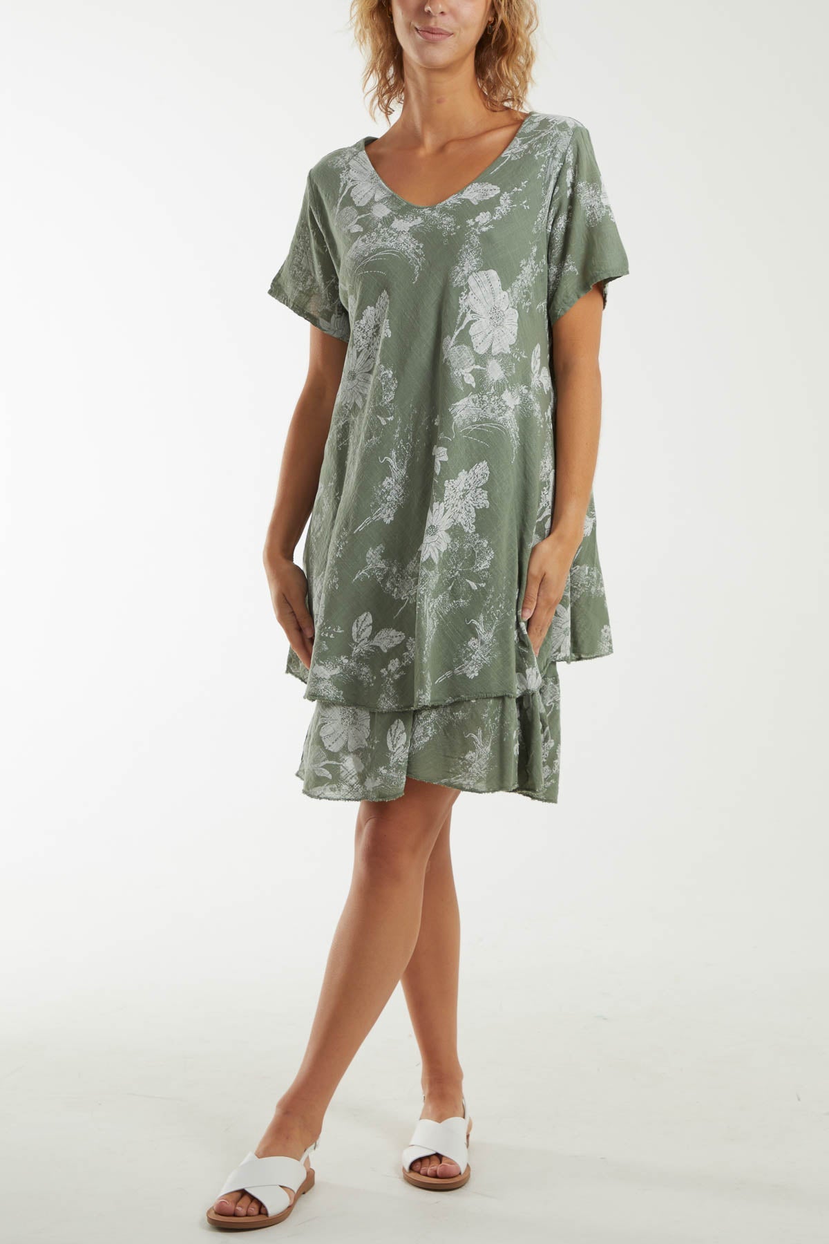 Floral Double Layer Short Sleeve Dress Dresses WearAll Khaki One Size