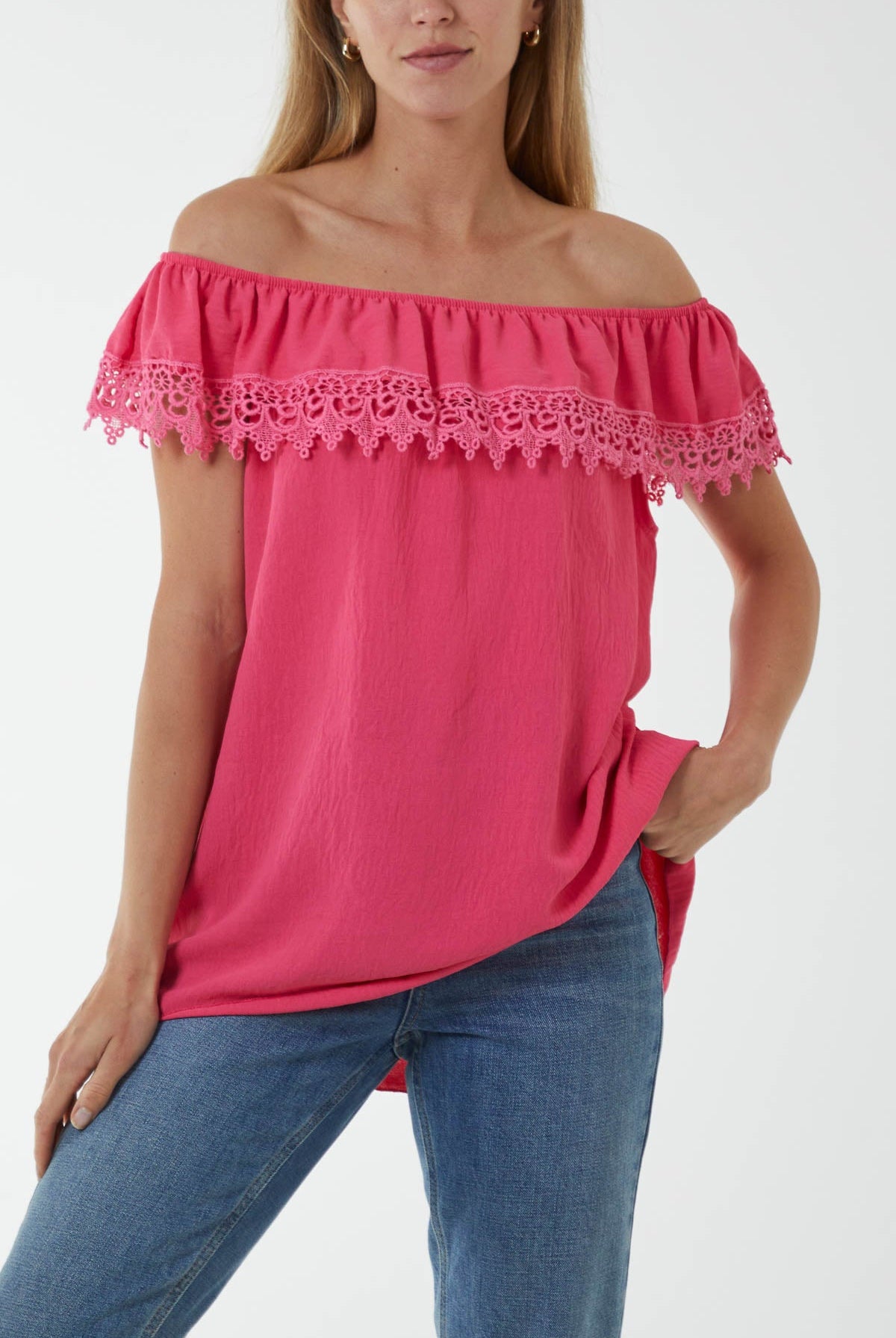 Laced Detail Frill Bardot Top Tops WearAll Hot Pink One Size