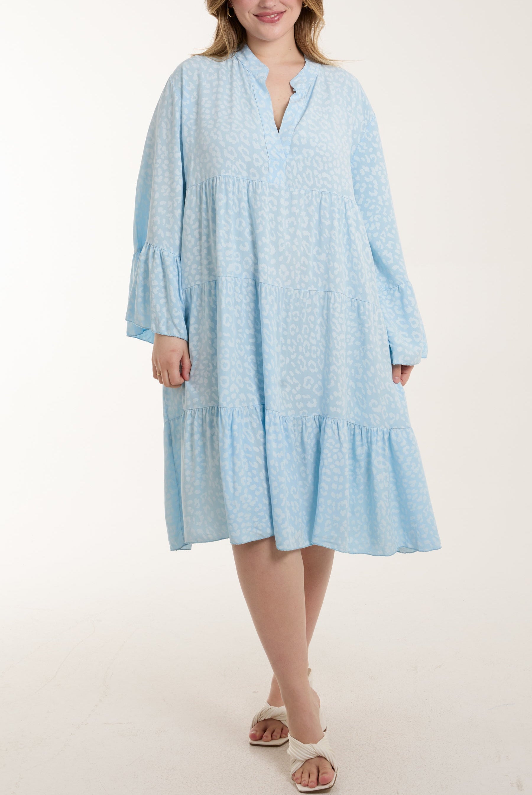 Leopard Print Long Sleeve Tiered Mini Dress Dresses WearAll Light Blue One Size