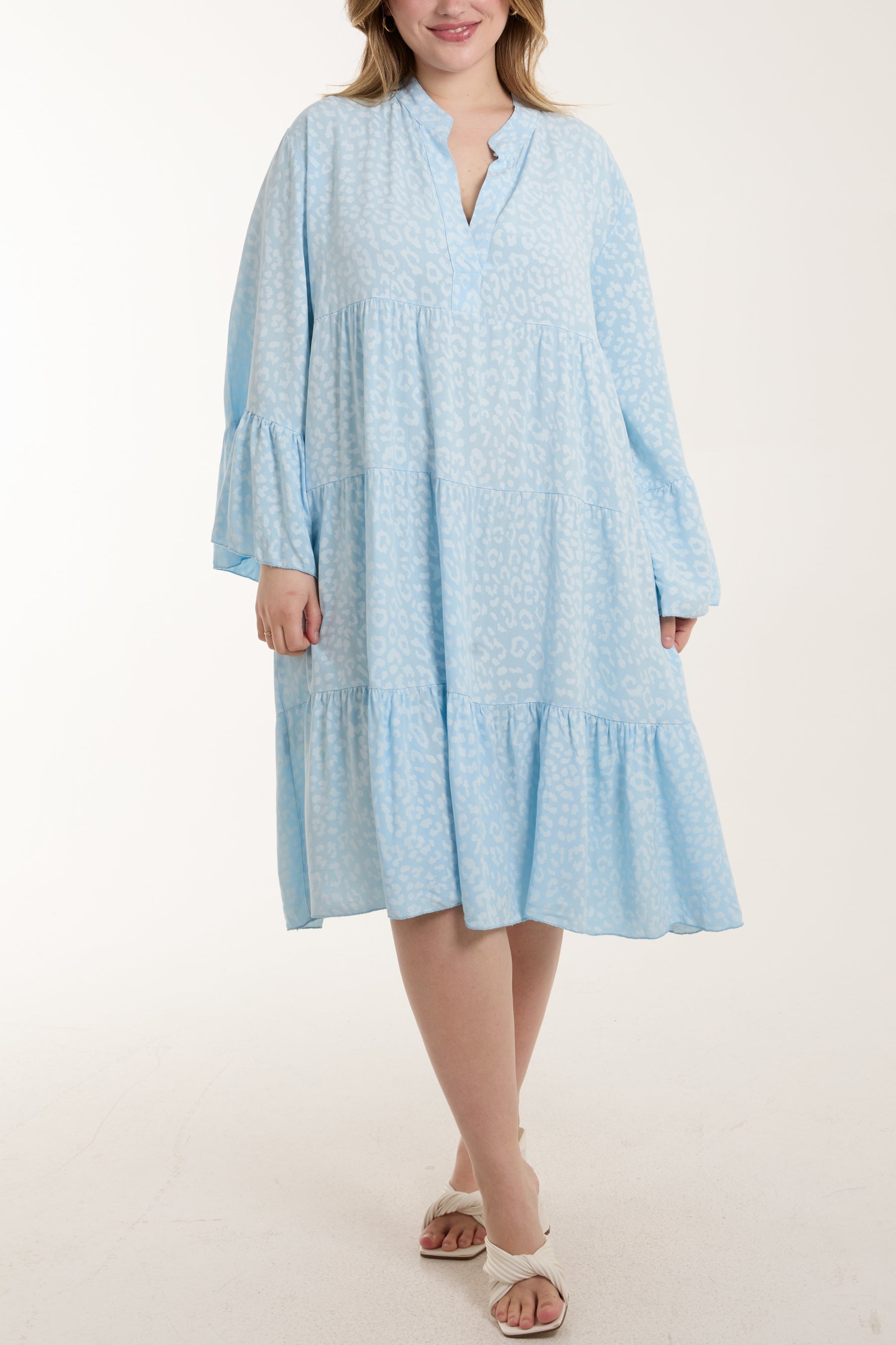 Leopard Print Long Sleeve Tiered Mini Dress Dresses WearAll Light Blue One Size