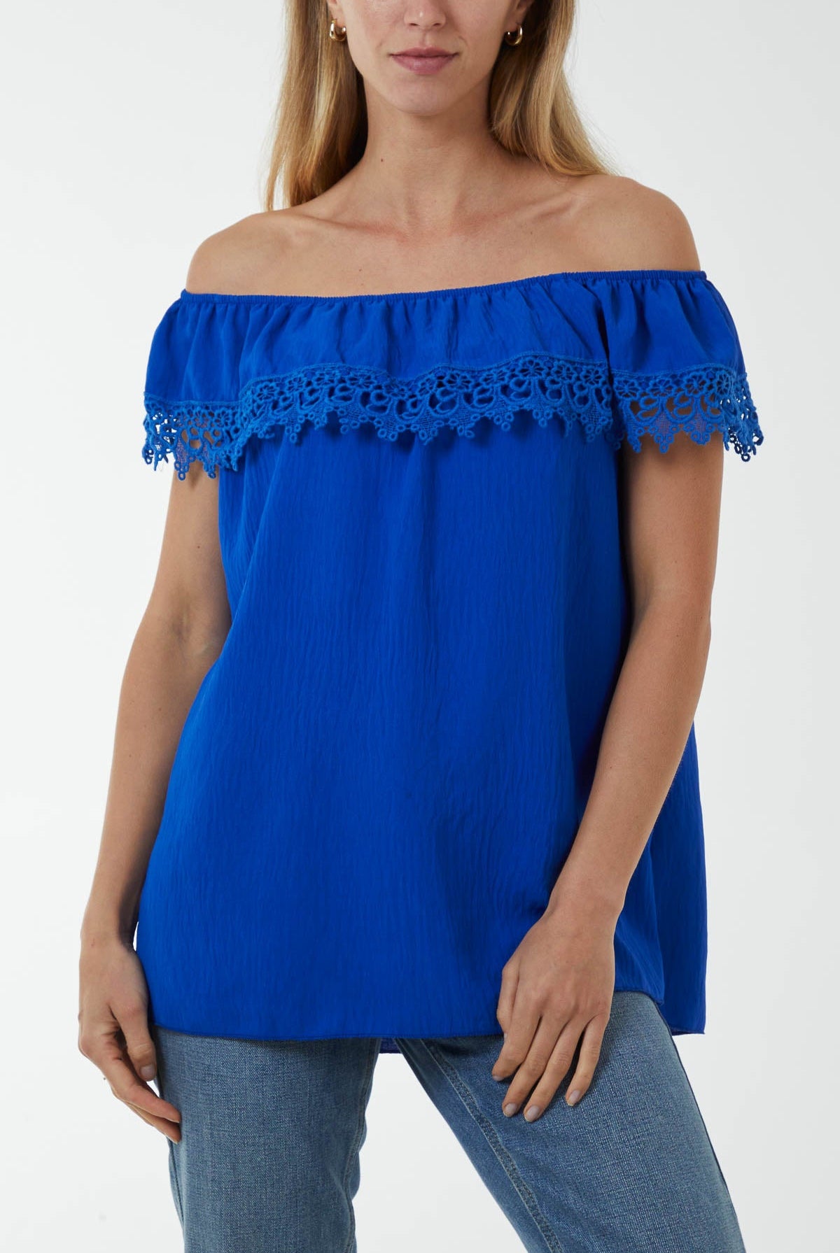 Laced Detail Frill Bardot Top Tops WearAll Royal Blue One Size