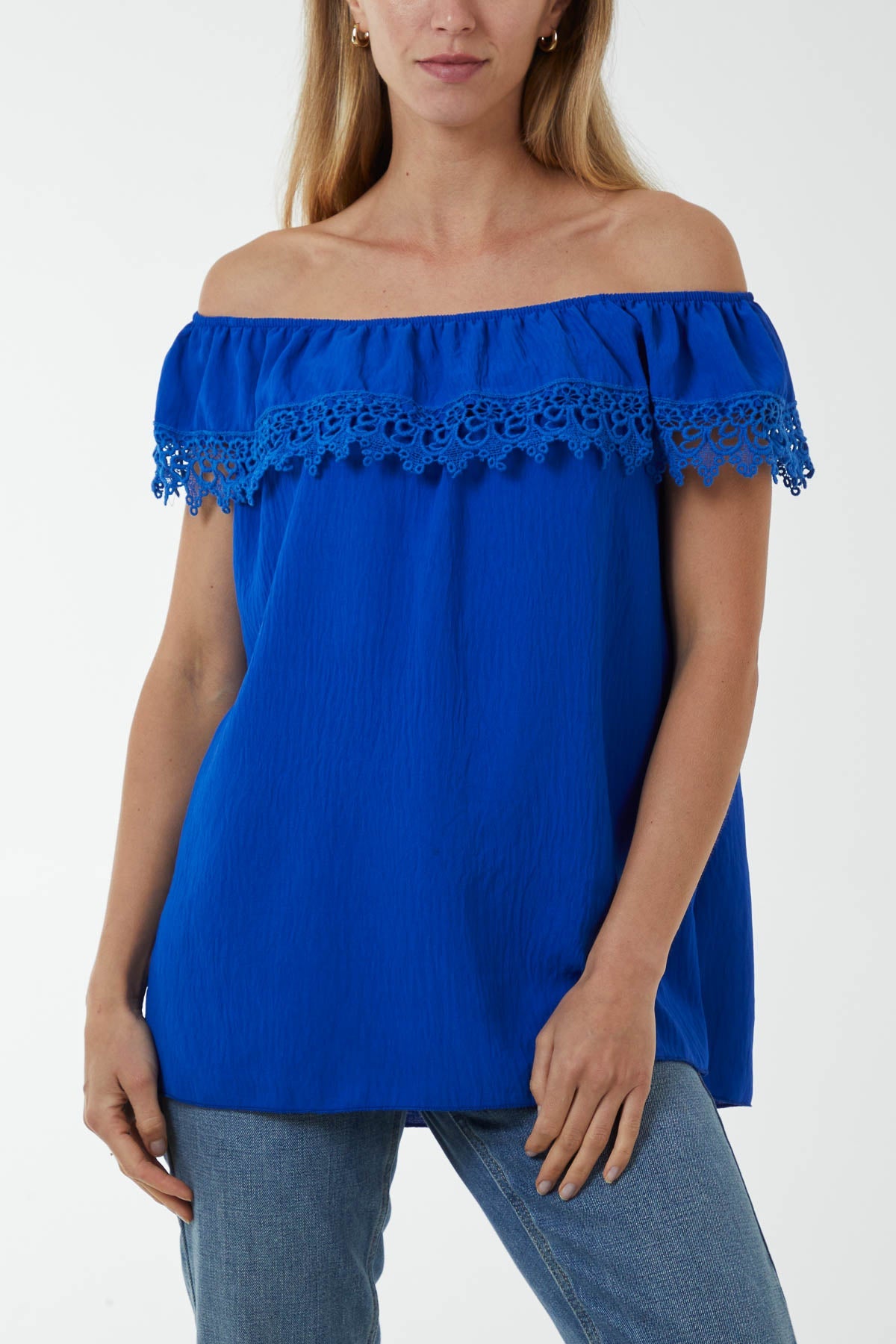 Laced Detail Frill Bardot Top Tops WearAll Royal Blue One Size