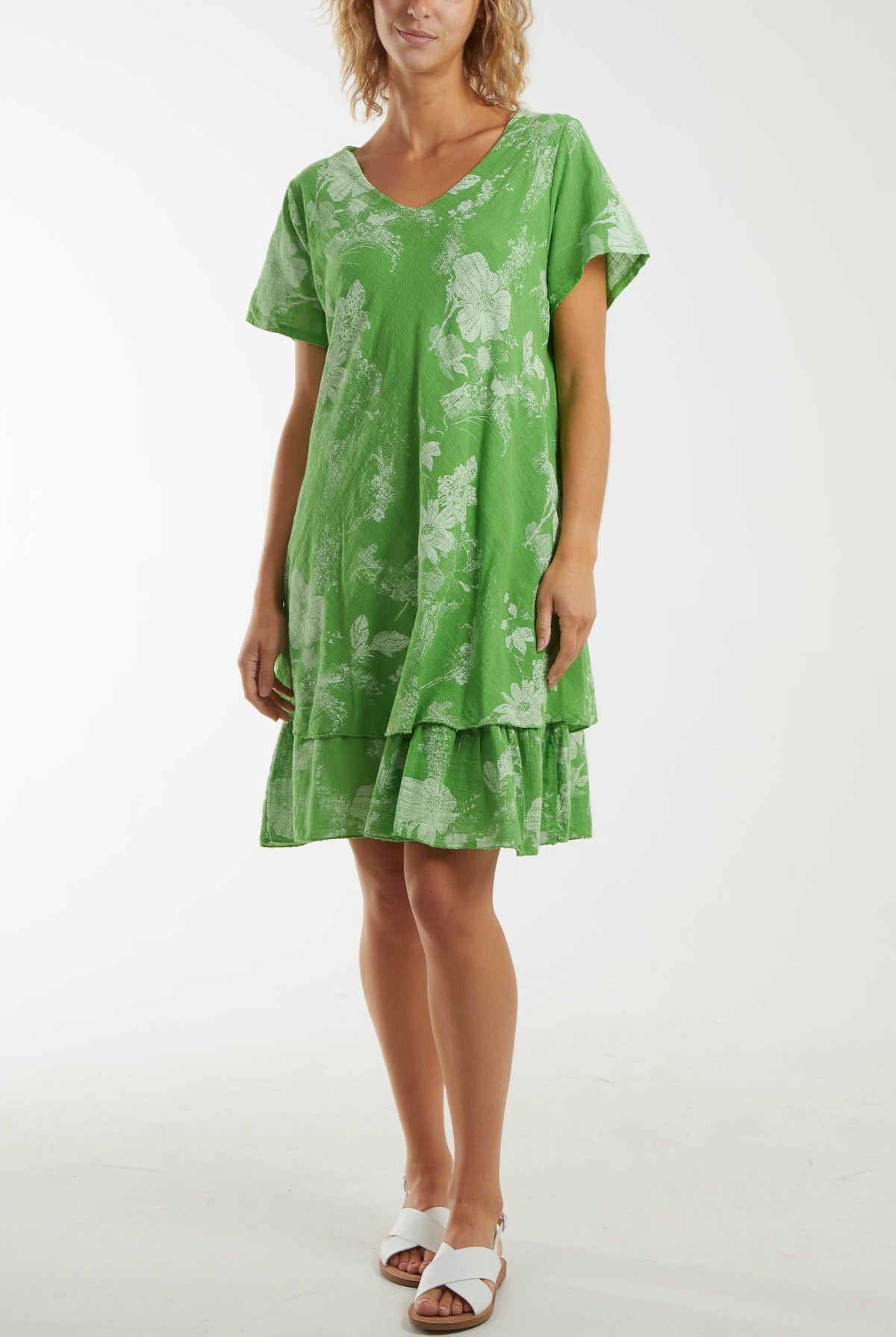 Floral Double Layer Short Sleeve Dress Dresses WearAll Apple Green One Size