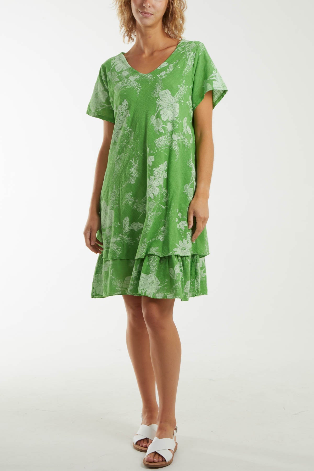 Floral Double Layer Short Sleeve Dress Dresses WearAll Apple Green One Size