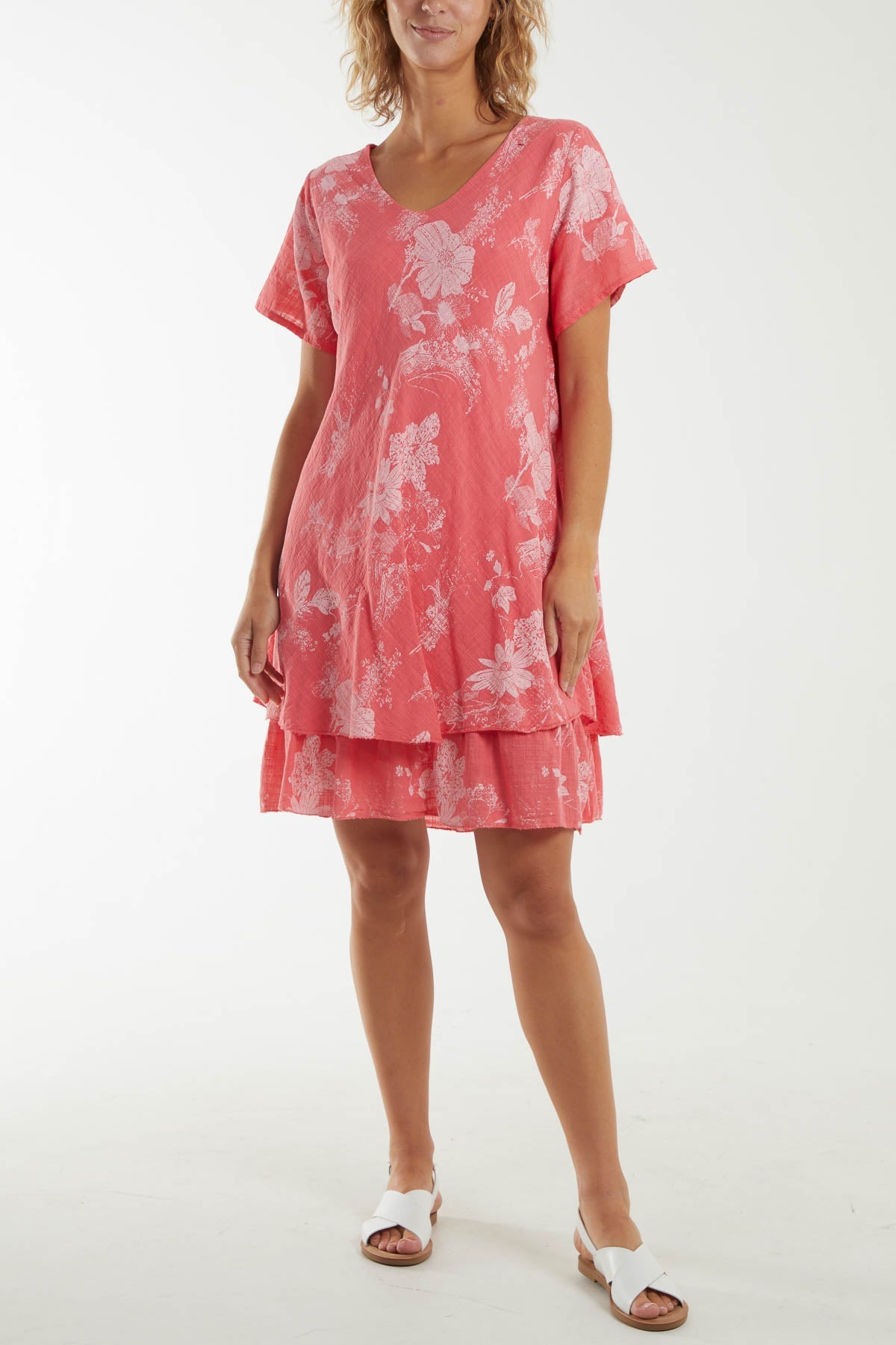 Floral Double Layer Short Sleeve Dress Dresses WearAll Coral One Size