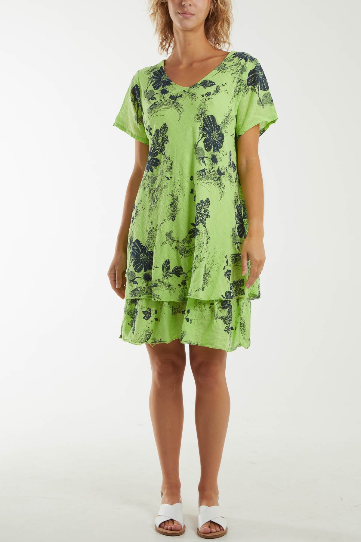 Floral Double Layer Short Sleeve Dress Dresses WearAll Lime One Size