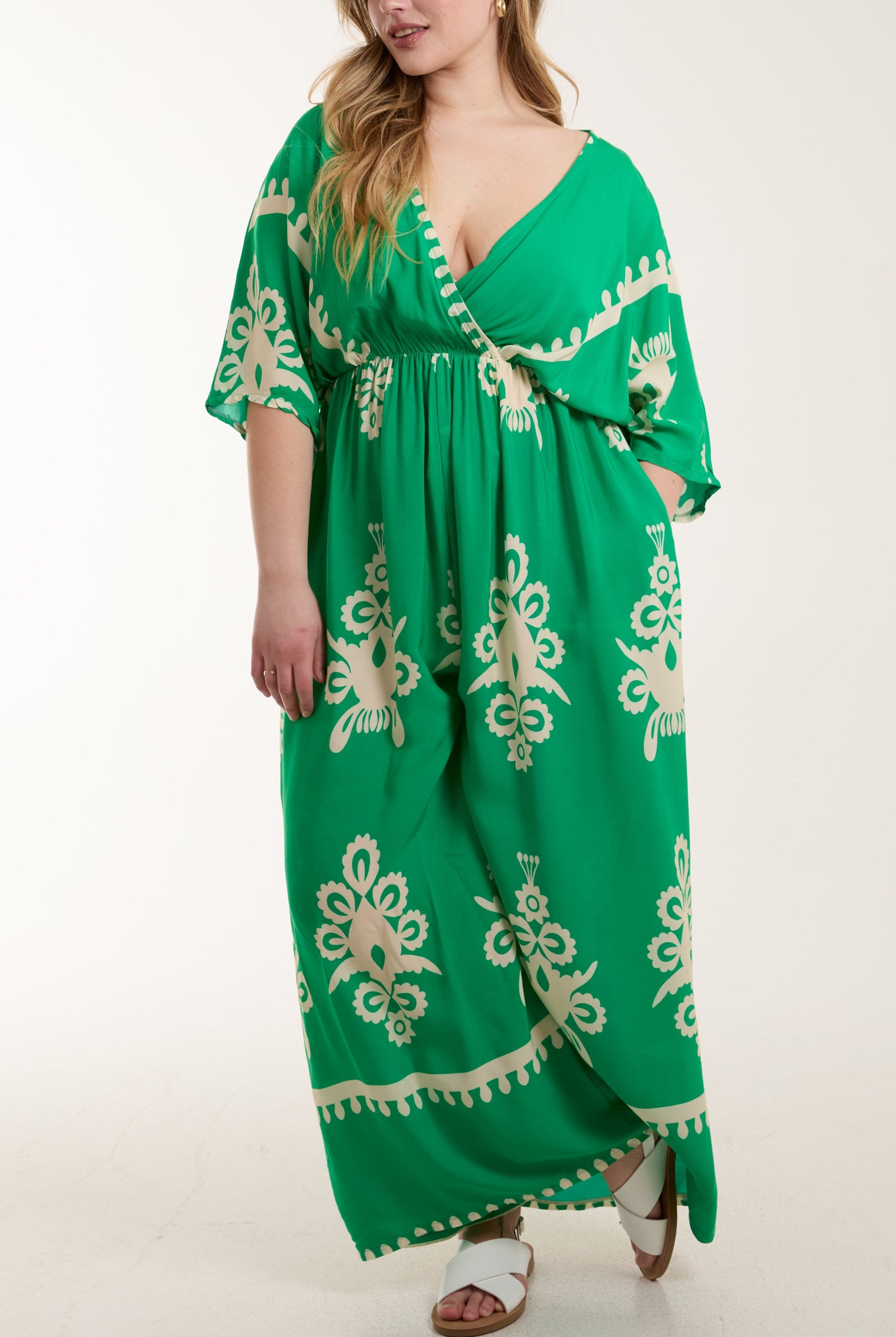 Printed V-Neck Wide Leg Jumpsuit Jumpsuits WearAll Jade One Size