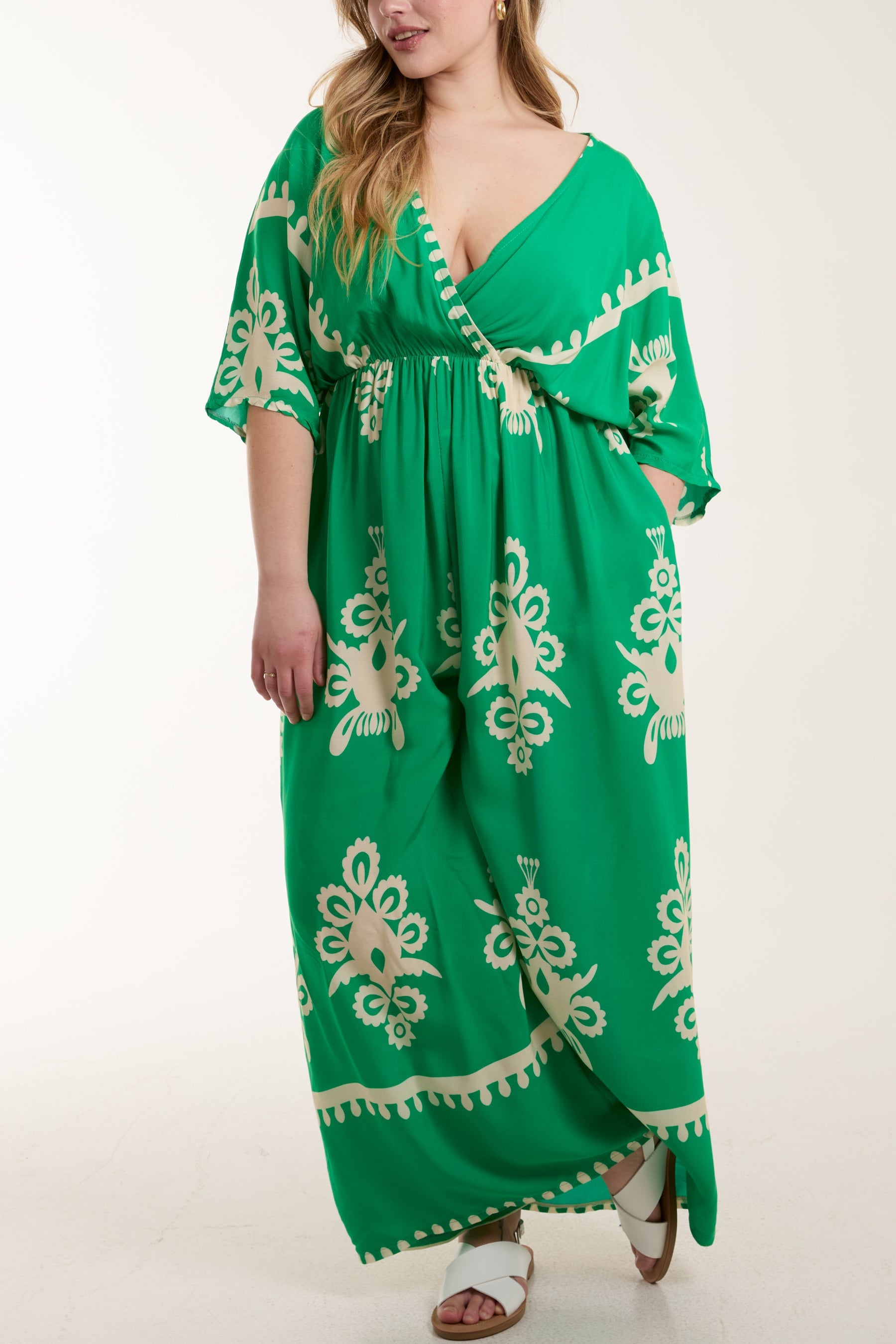 Printed V-Neck Wide Leg Jumpsuit Jumpsuits WearAll Jade One Size