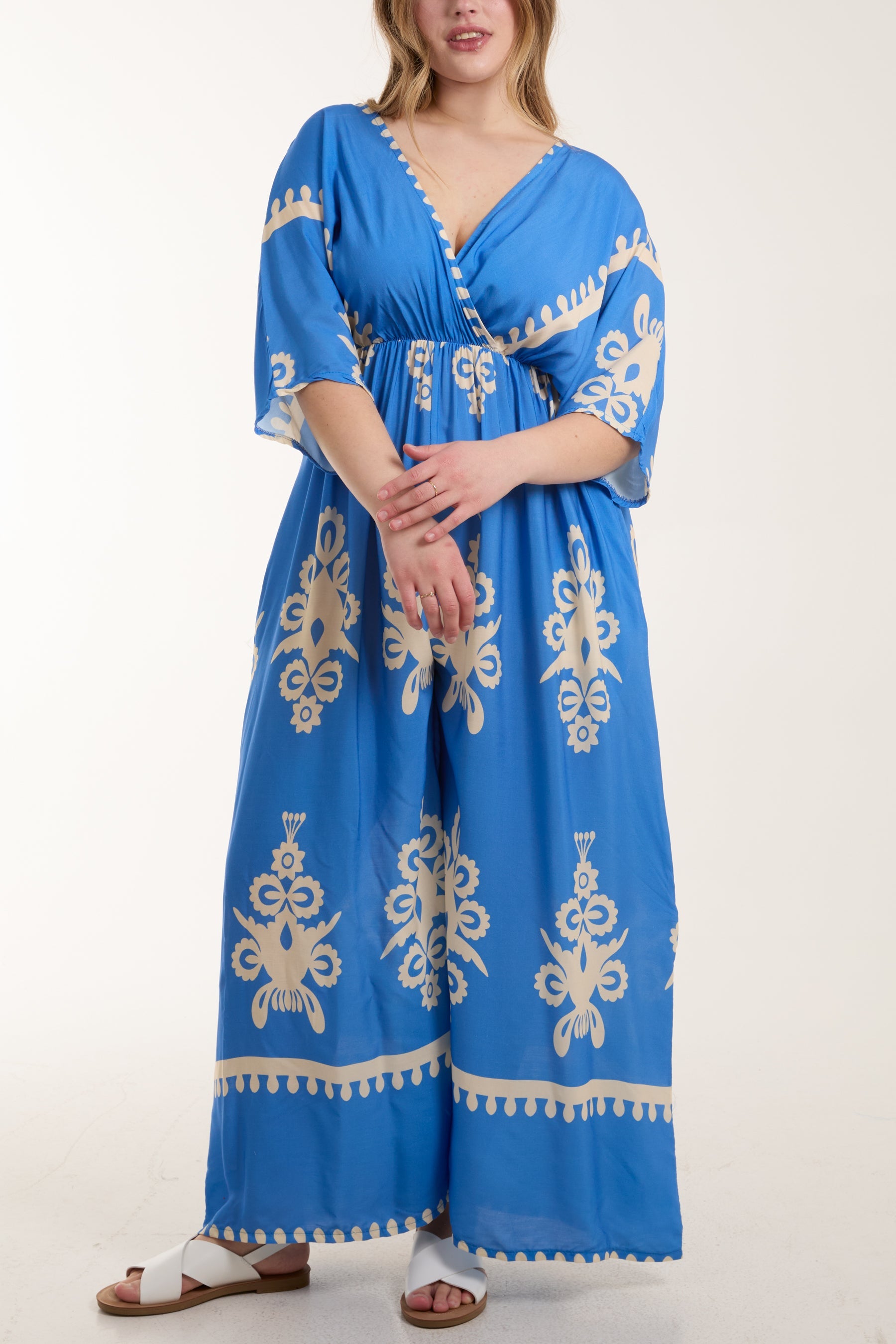 Printed V-Neck Wide Leg Jumpsuit Jumpsuits WearAll Blue One Size