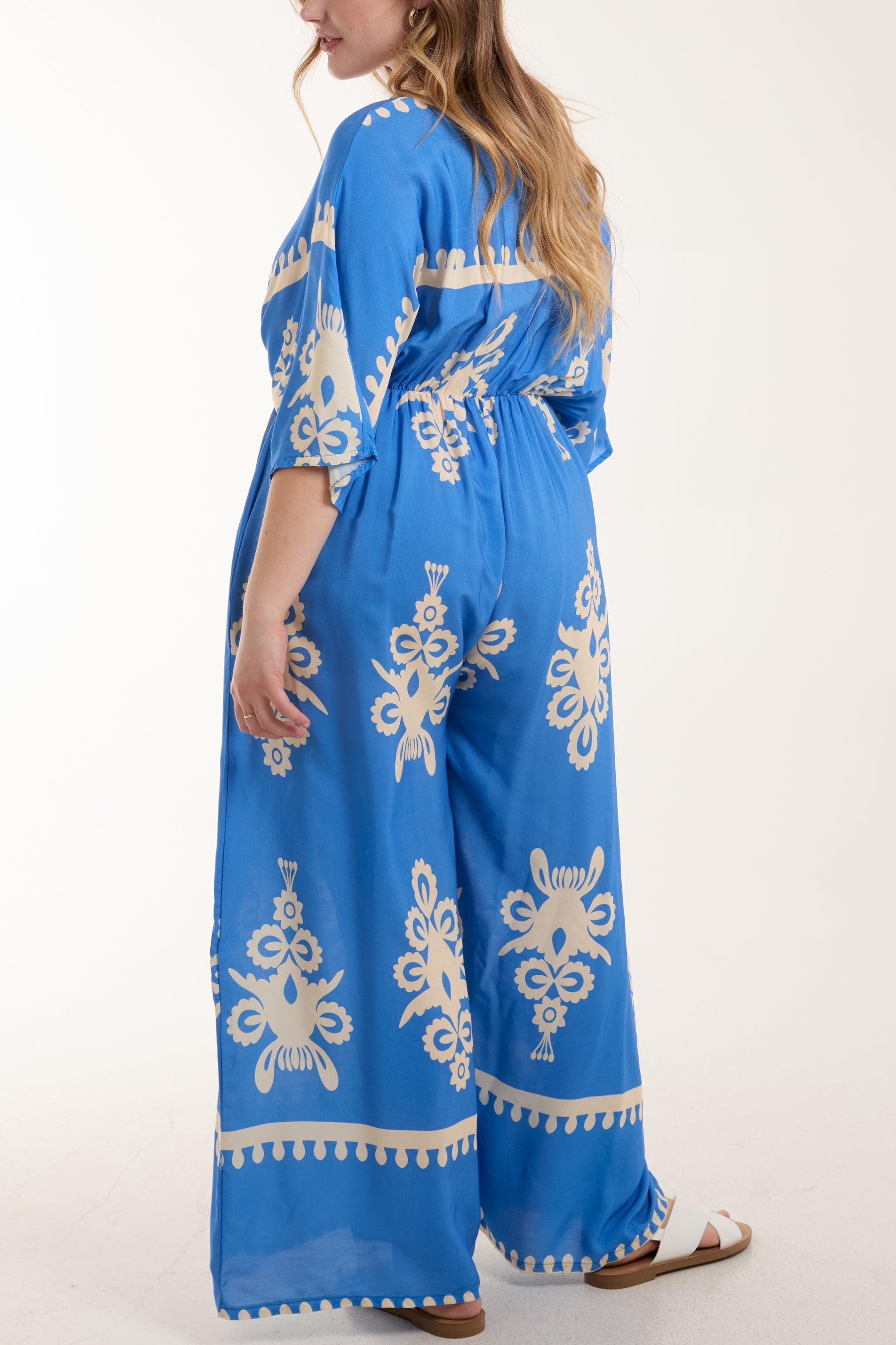 Printed V-Neck Wide Leg Jumpsuit Jumpsuits WearAll