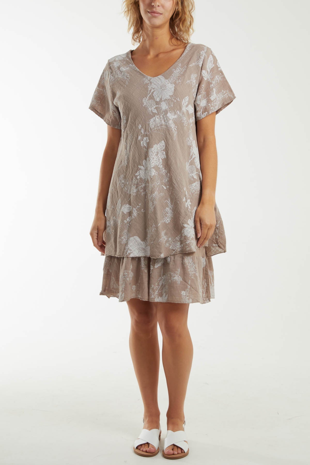 Floral Double Layer Short Sleeve Dress Dresses WearAll Mocha One Size