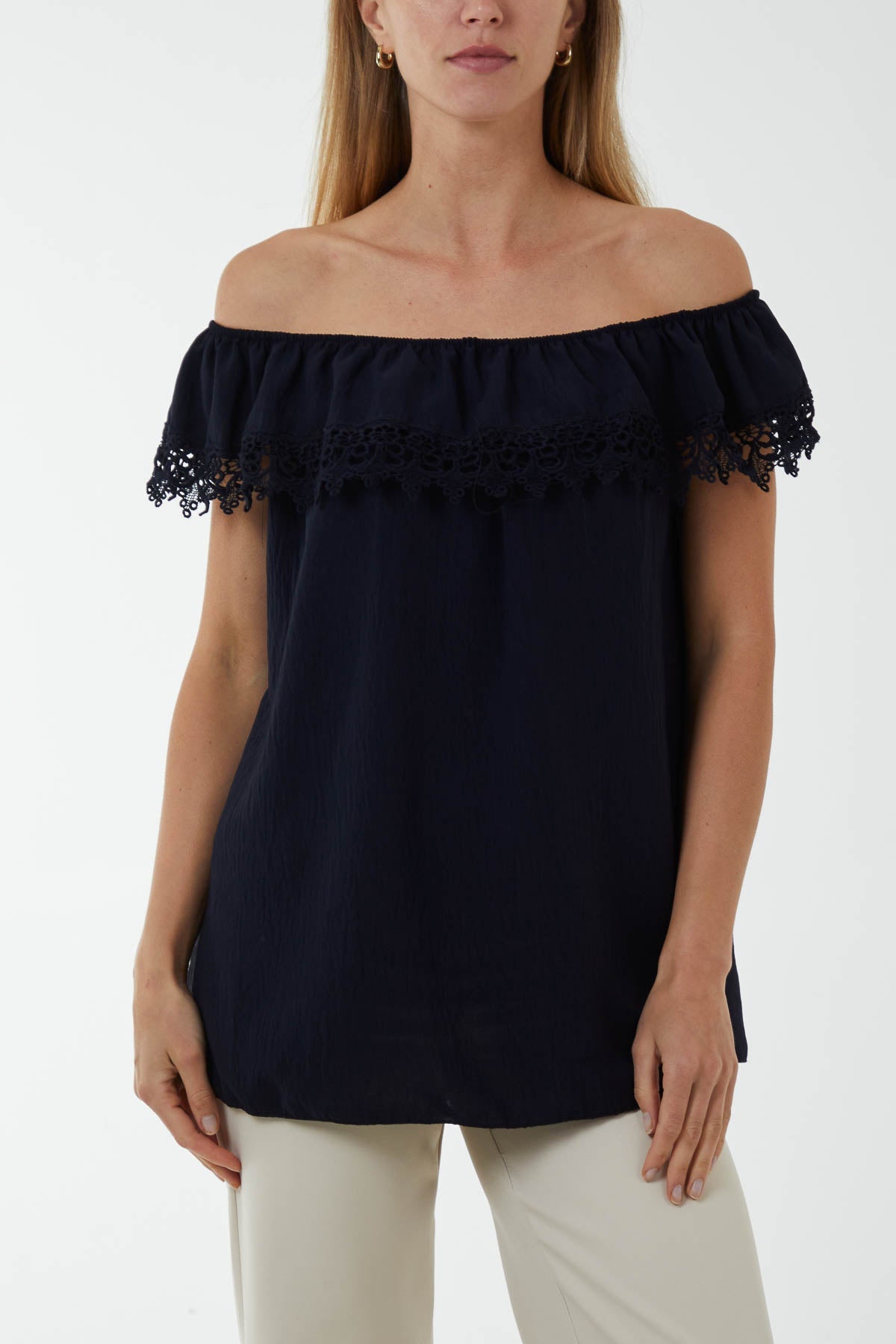 Laced Detail Frill Bardot Top Tops WearAll Black One Size