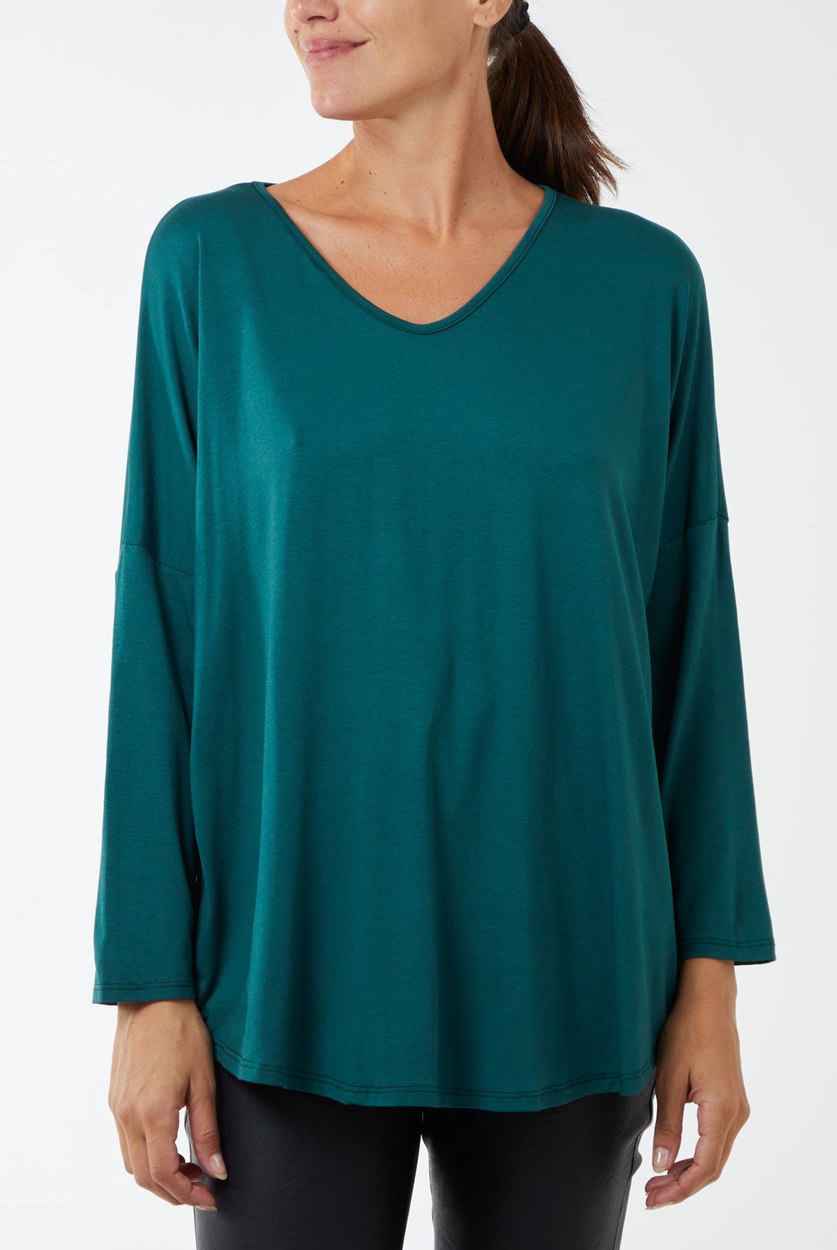 High Low Curved Hem Long Sleeve Top TOPMF2 WearAll Bottle Green One Size