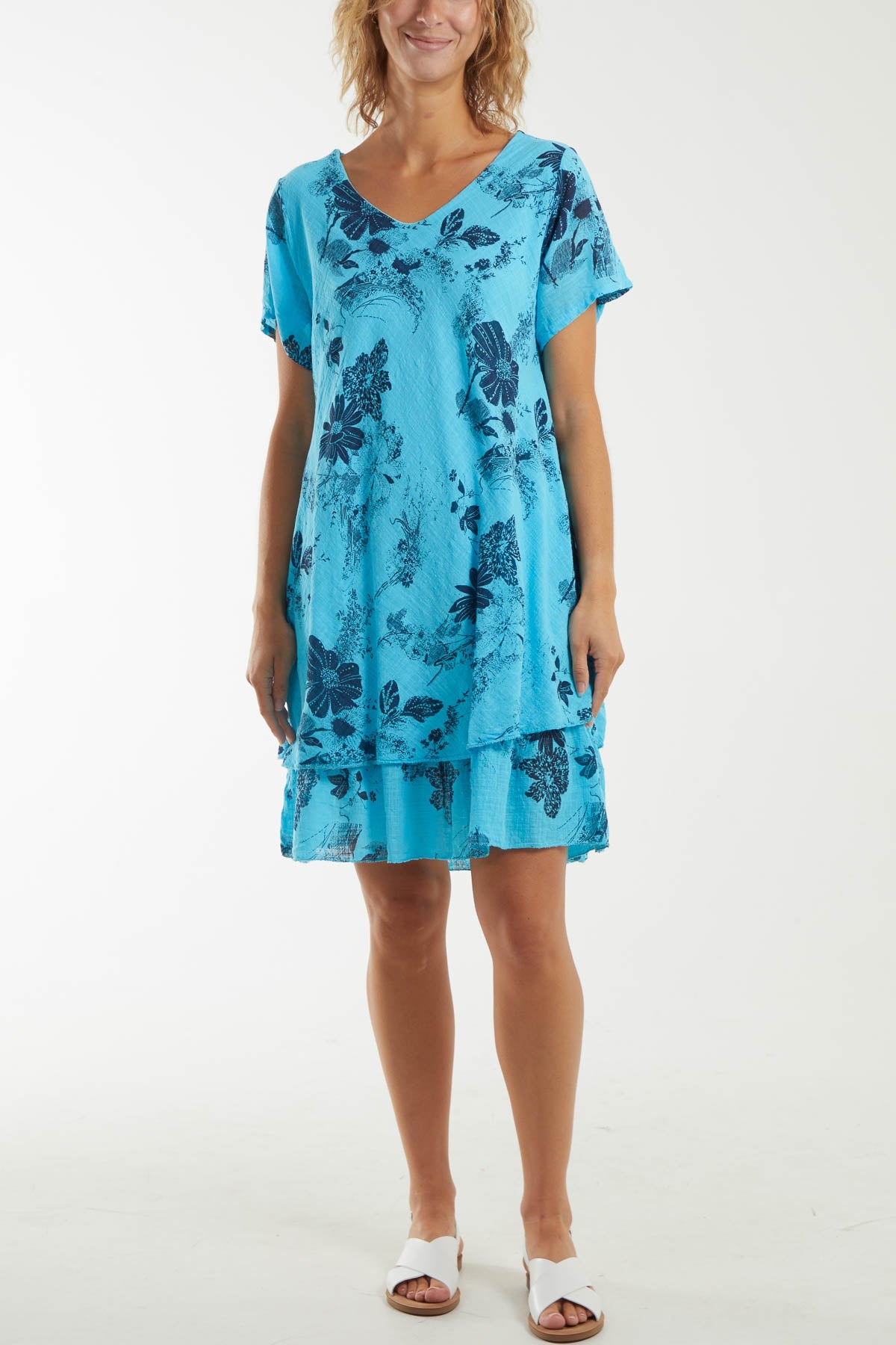 Floral Double Layer Short Sleeve Dress Dresses WearAll Turquoise One Size