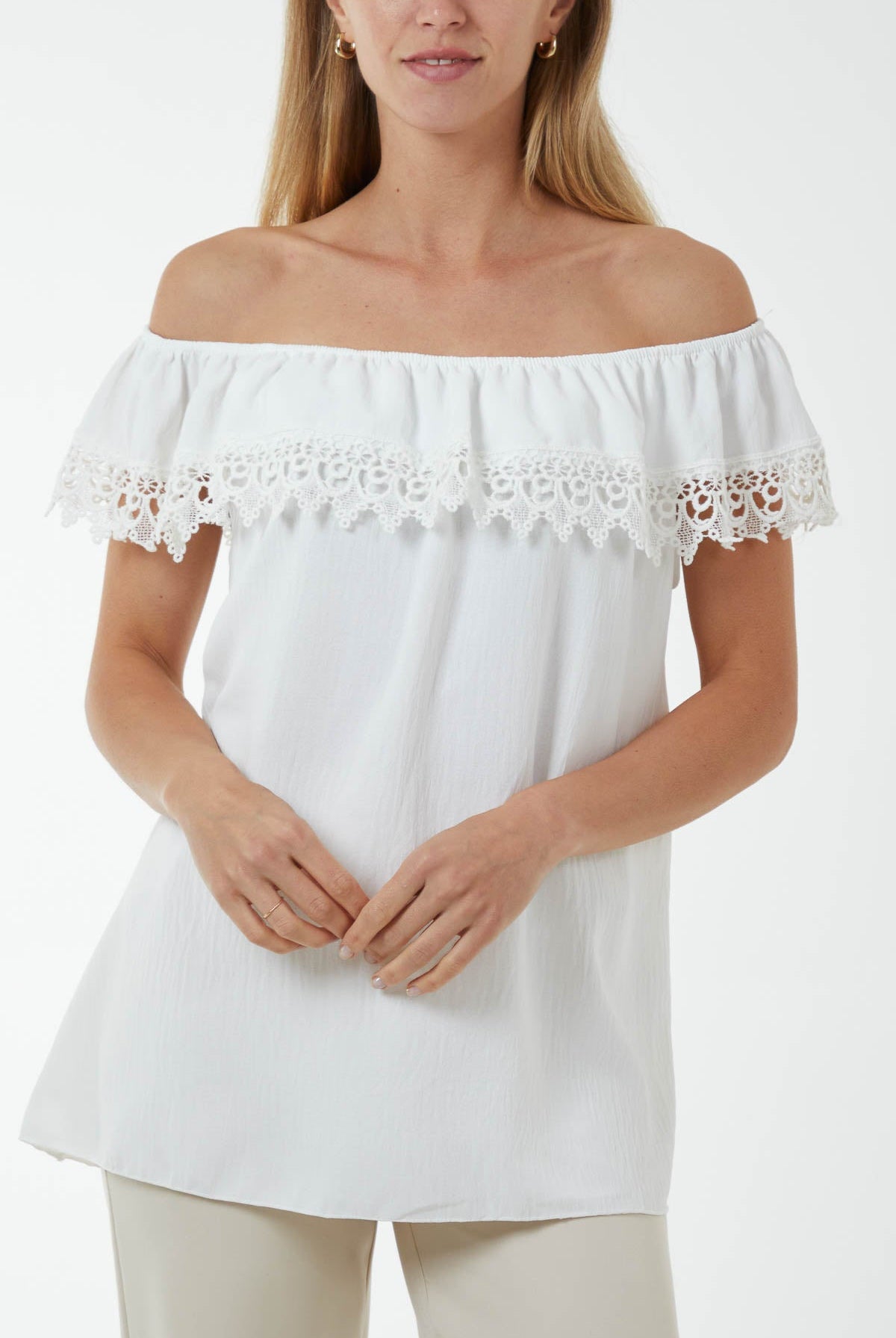 Laced Detail Frill Bardot Top Tops WearAll White One Size