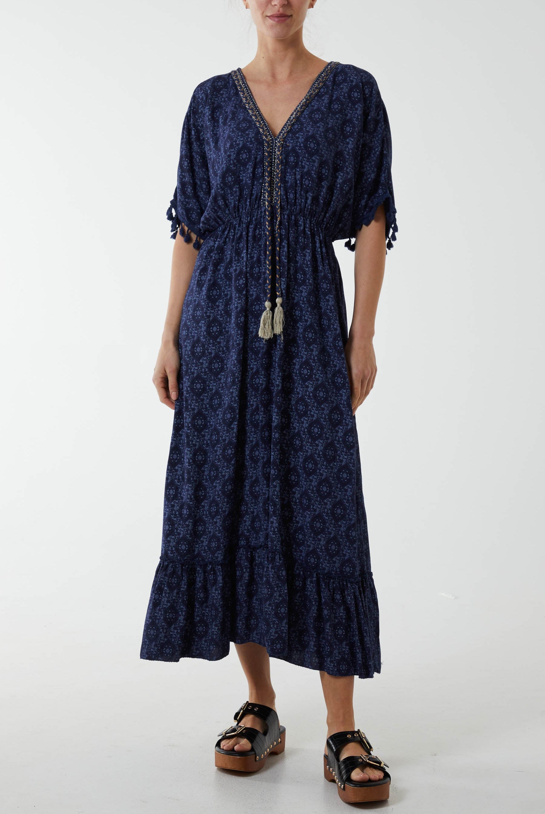 Baroque Floral Tassel Dress Dresses WearAll Navy One Size