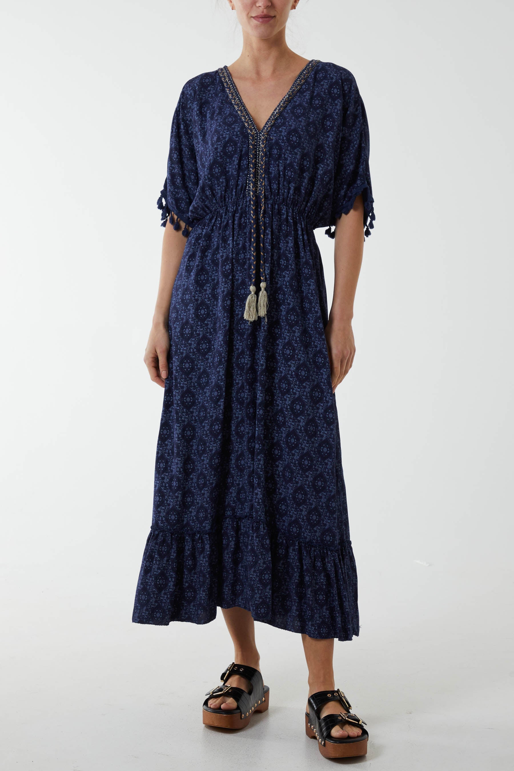 Baroque Floral Tassel Dress Dresses WearAll Navy One Size