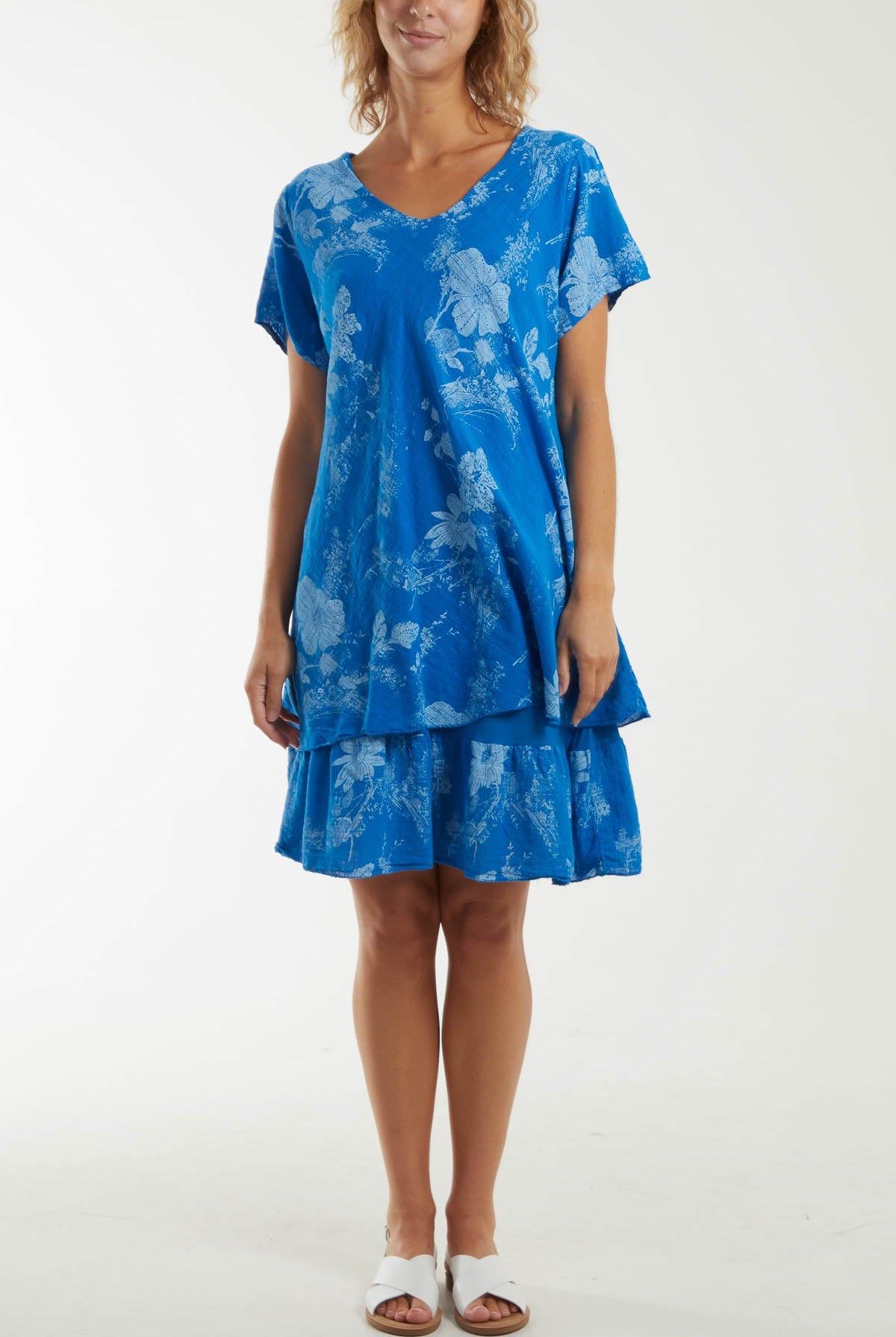 Floral Double Layer Short Sleeve Dress Dresses WearAll Royal Blue One Size