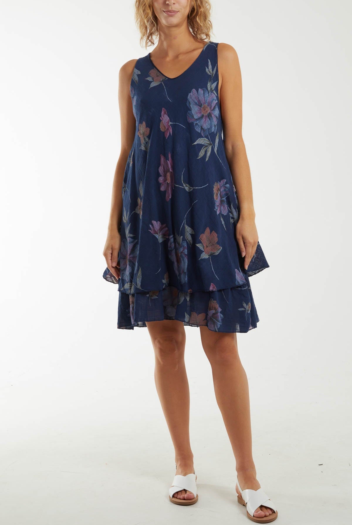 Floral Double Layer Sleeveless Dress Dresses WearAll Navy One Size