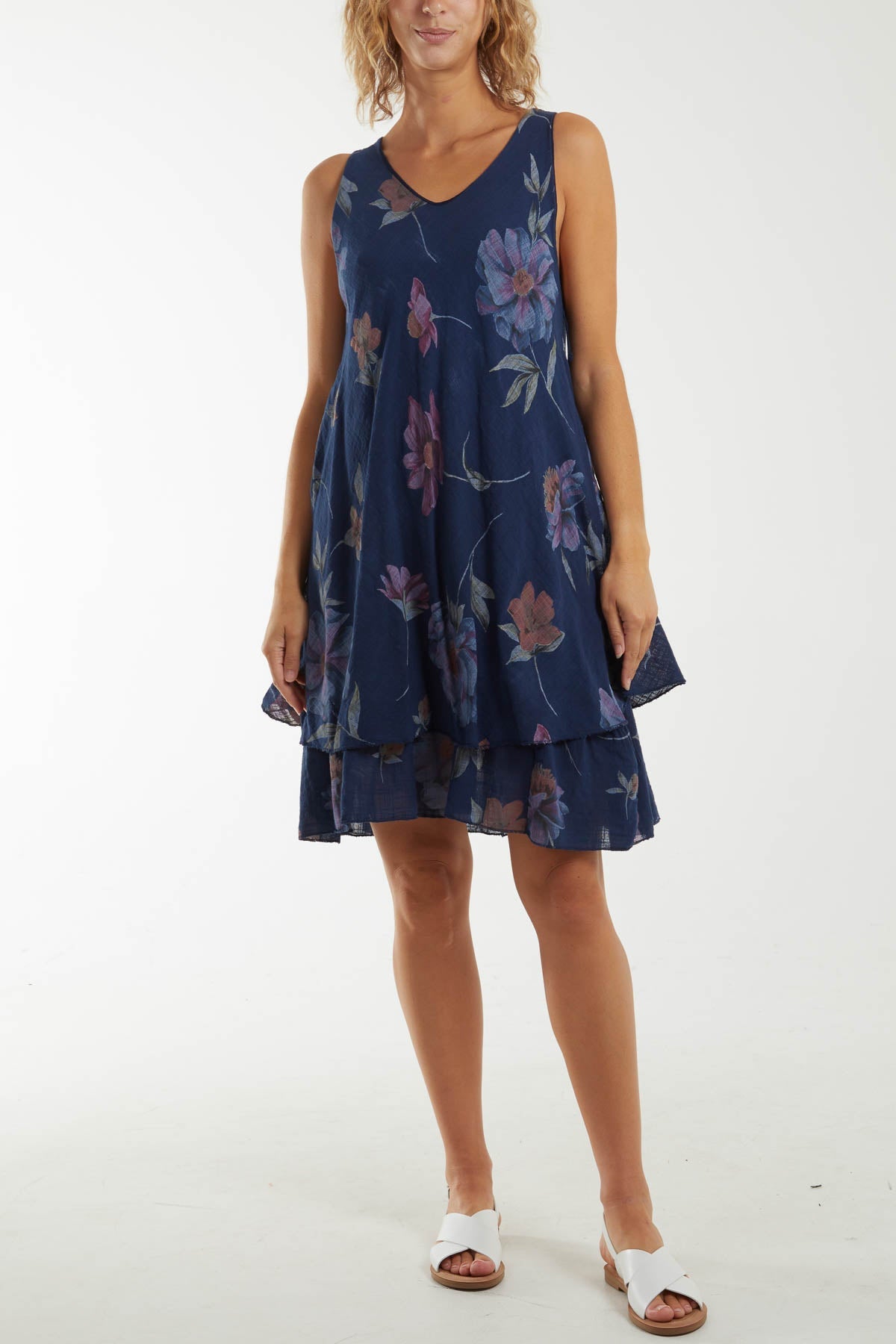 Floral Double Layer Sleeveless Dress Dresses WearAll Navy One Size