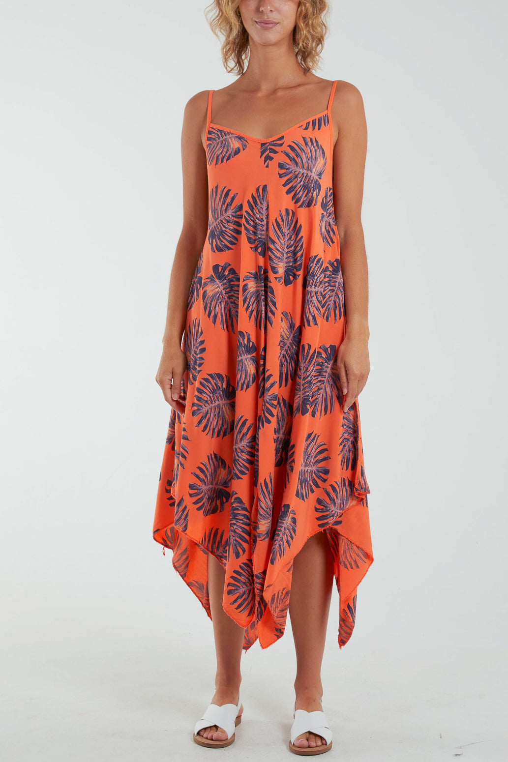 Palm Leaves Hanky Hem Cami Dress Dresses WearAll Orange One Size