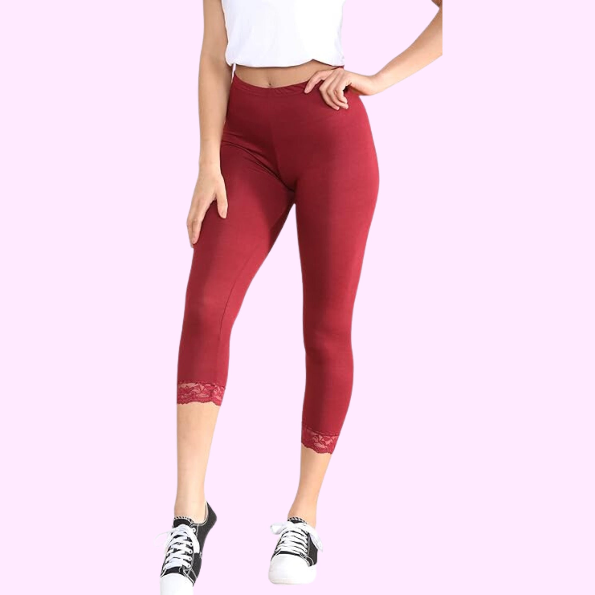 Capri 3/4 Lace Trim Leggings Leggings WearAll Wine 8-10