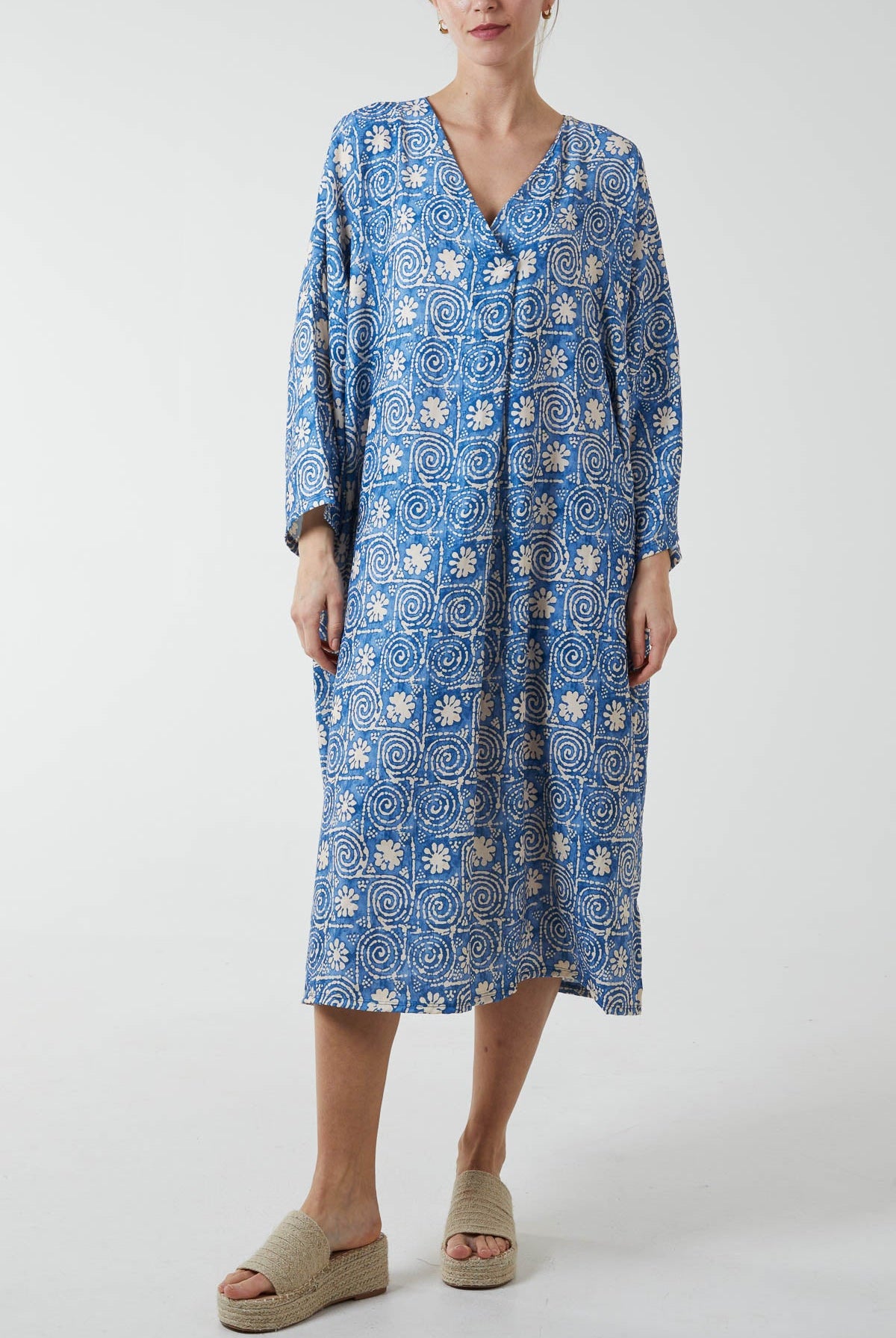 Mosaic Pattern Tunic Midi Dress DMF2 WearAll Denim Blue One Size