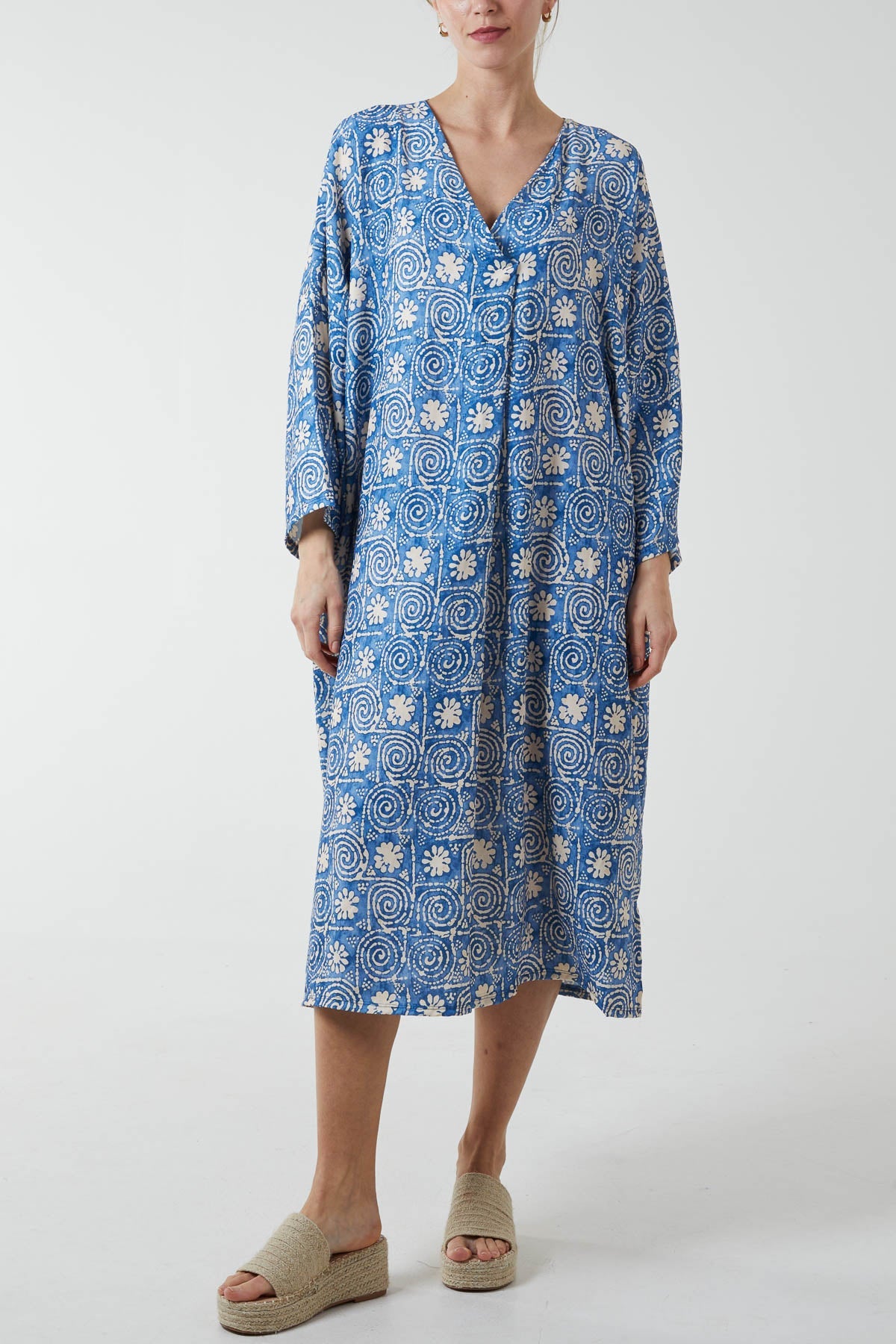 Mosaic Pattern Tunic Midi Dress DMF2 WearAll Denim Blue One Size