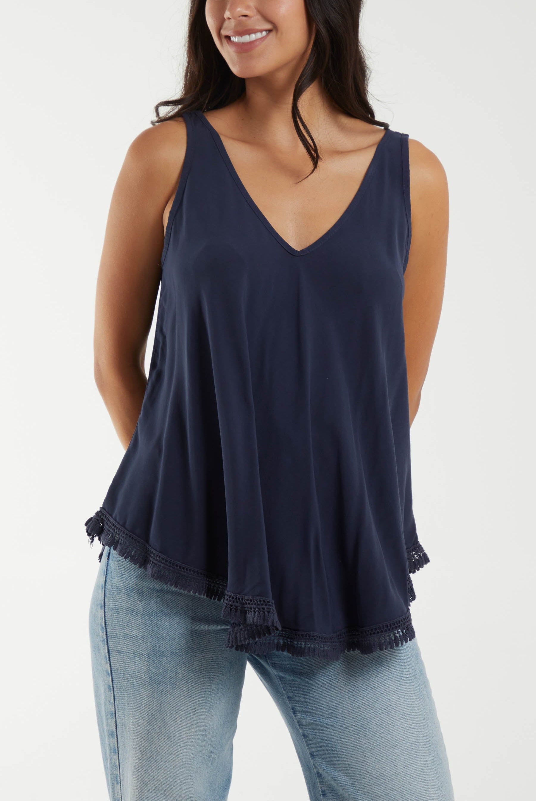 Tassel Hem V-Neck Vest Tops WearAll Navy One Size