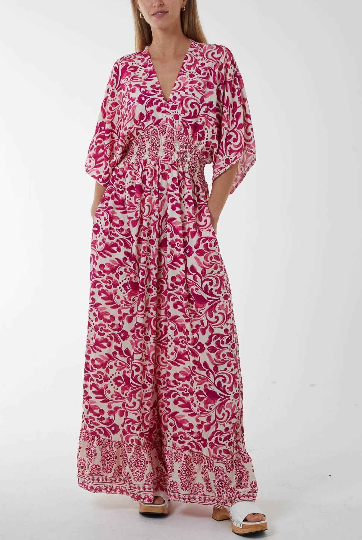 Baroque Tie Back Shirred Wide Leg Jumpsuit Jumpsuits WearAll Fuchsia One Size