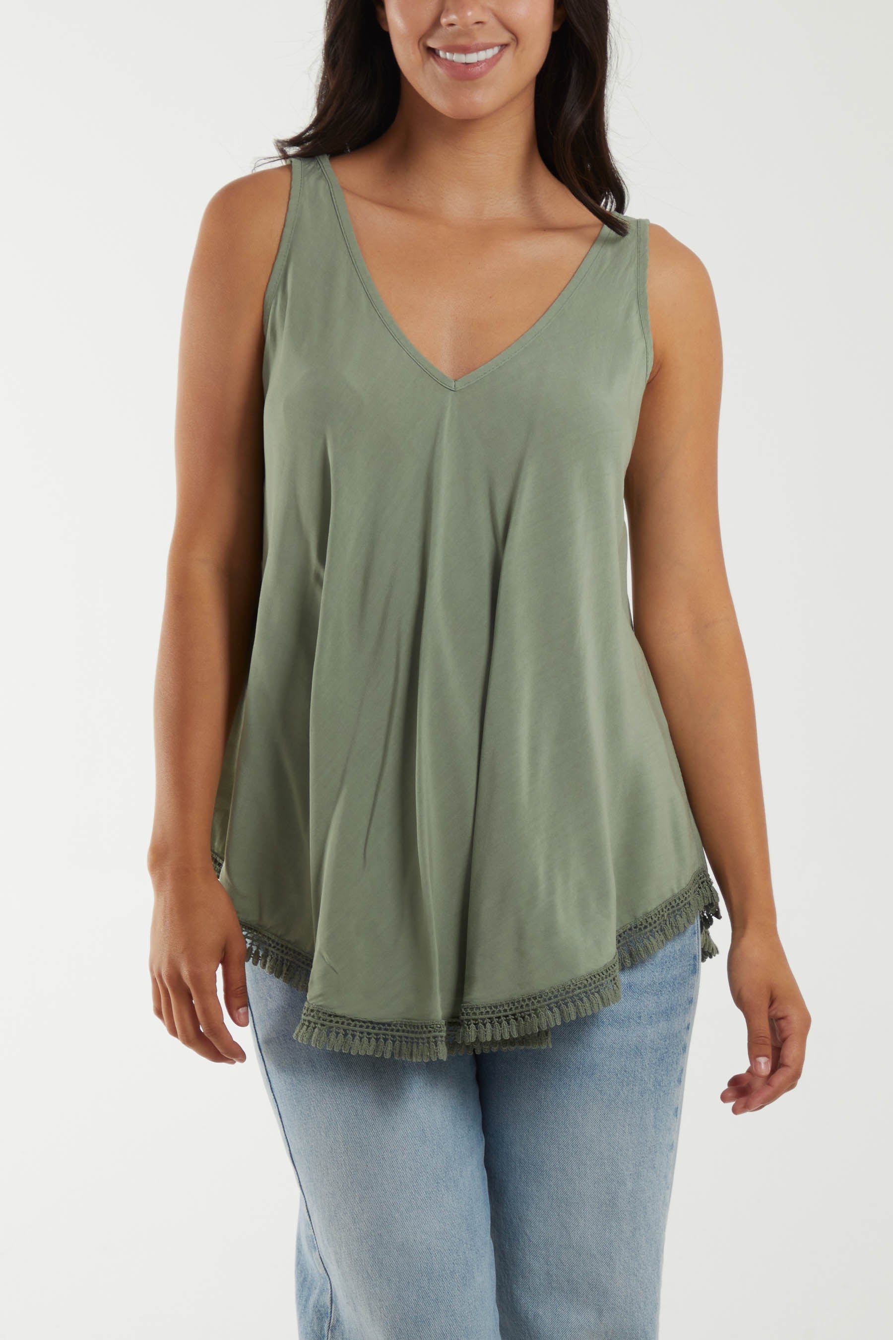Tassel Hem V-Neck Vest Tops WearAll Khaki One Size
