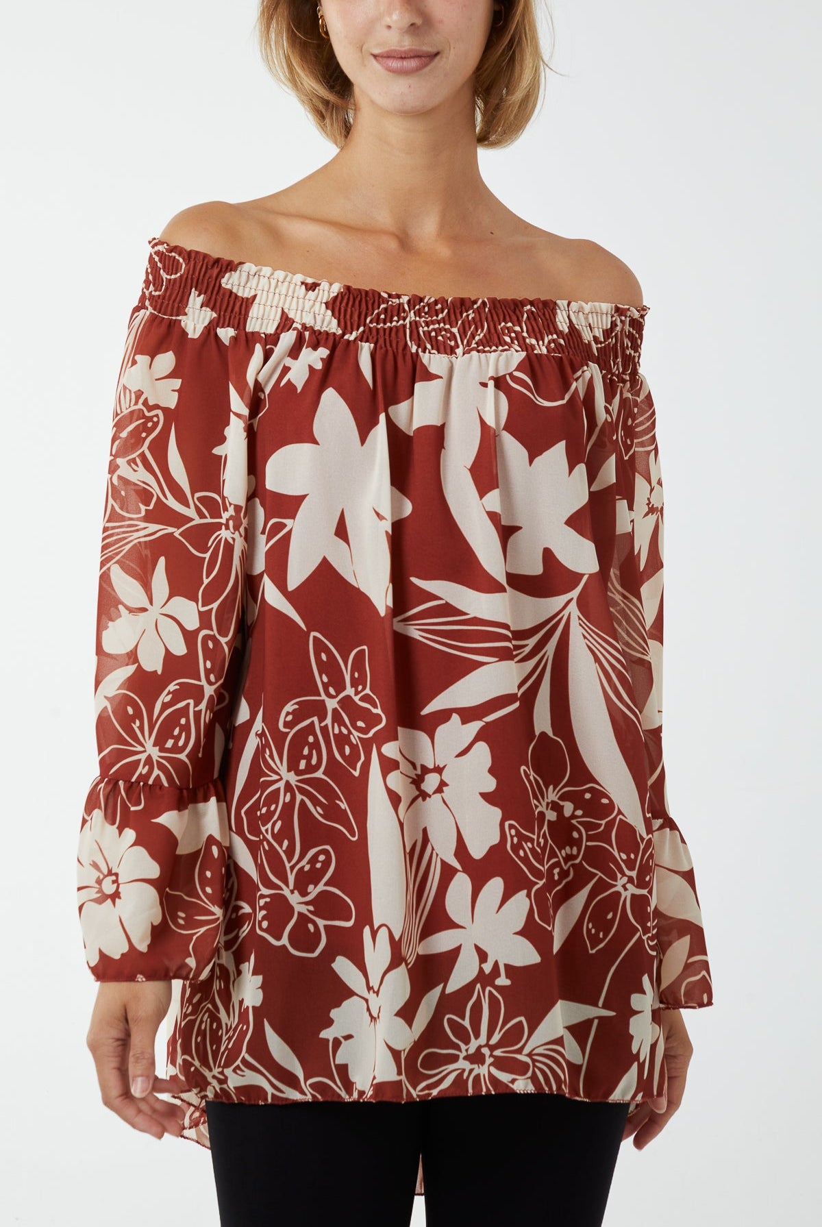 Floral Bardot Long Sleeve Blouse TOPMF2 WearAll Rust One Size