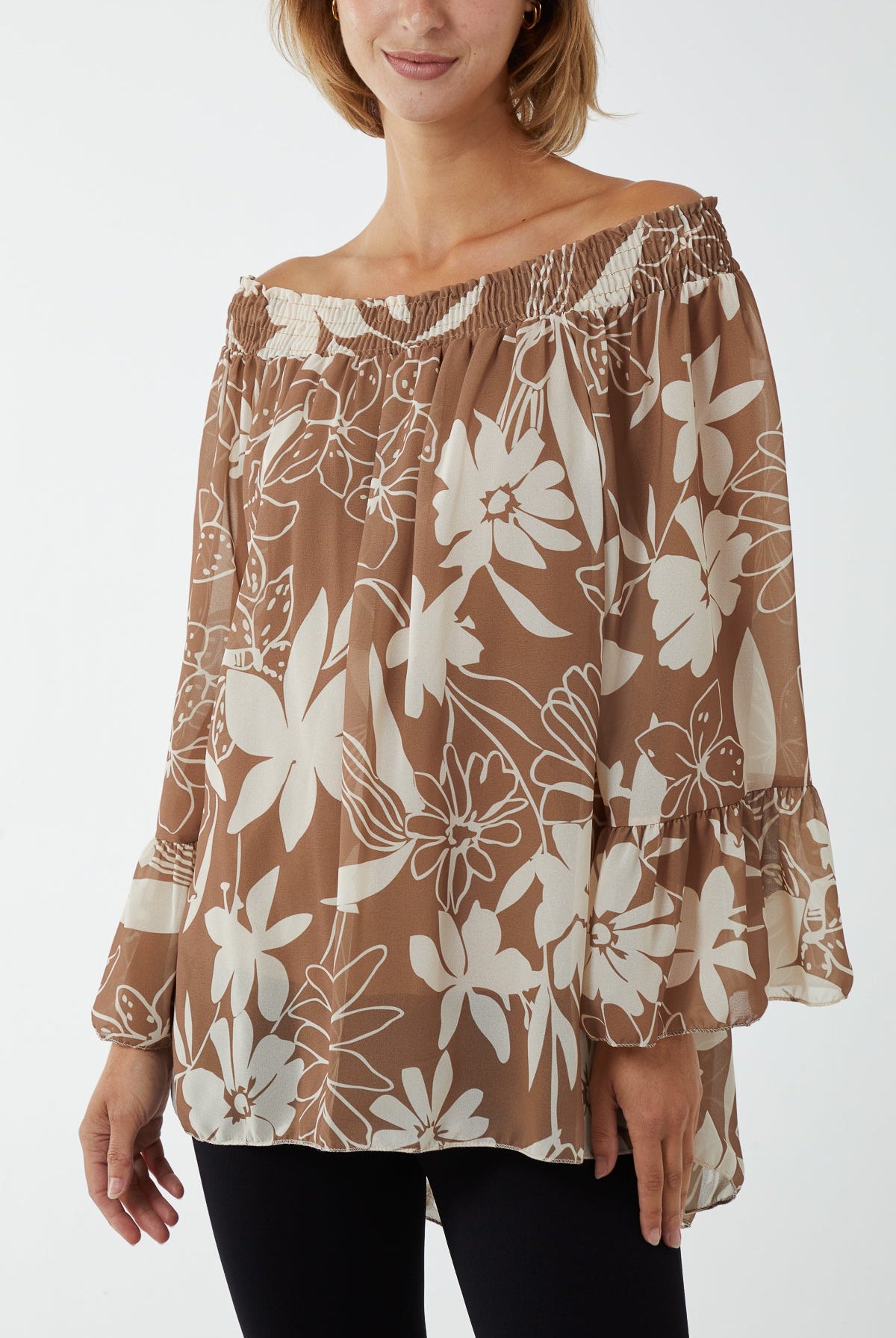 Floral Bardot Long Sleeve Blouse TOPMF2 WearAll Camel One Size